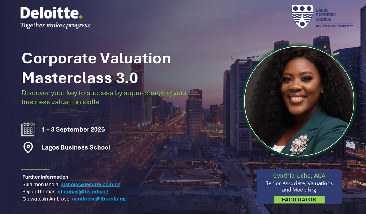 Sinteeaah's tweet photo. If you have ever wanted to truly understand how businesses are valued, then this is for you! ✨

I am excited to invite you to Corporate Valuation Masterclass 3.0, happening from 1 to 3 September 2026 at Lagos Business School.

For three days, we will go beyond the theory and get into the practical side of business valuation, helping you build the knowledge and skills needed to better understand how value is assessed and applied in real business situations.

And honestly, I am especially excited about the team facilitating this session. We have an incredible group of valuation professionals coming together, each bringing a wealth of experience and practical insight. I might be biased, but I genuinely think we have one of the best valuation teams you could learn from. 😊

Whether you are a finance professional, investor, business owner, or simply looking to strengthen your valuation skills, I would love to see you there.

Interested in attending? Please reach out to the undersigned for further information.

See you in class! 🎓