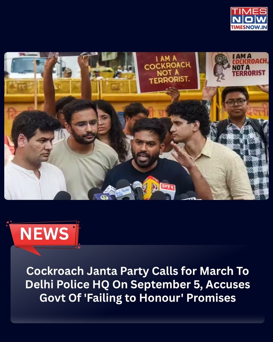 TimesNow's tweet photo. Cockroach Janta Party Calls for March To Delhi Police HQ On September 5, Accuses Govt Of 'Failing to Honour' Promises

https://t.co/vskFkwLoZ1 https://t.co/bNswyRWMbe