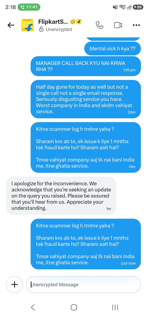 arpitascool's tweet photo. @Flipkart @flipkartsupport 
This is last warning after this will be raising RBI fraud complaint and Consumer forum complaint as well. 

This is bullshit service.

@_Kalyan_K Seriously only scammer and frauster company running by you. 

Almost 20 times i asked for manager call. https://t.co/4Z0W0z7x45