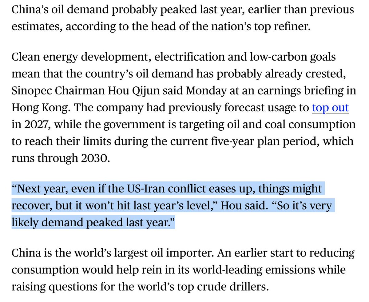 electricfelix's tweet photo. “Next year, even if the US-Iran conflict eases up, things might recover, but it won’t hit last year’s level,” Hou said.

“So it’s very likely demand peaked last year.”

#sinopec
#alwaysbecharging
#battchat https://t.co/hoAW03z2lg