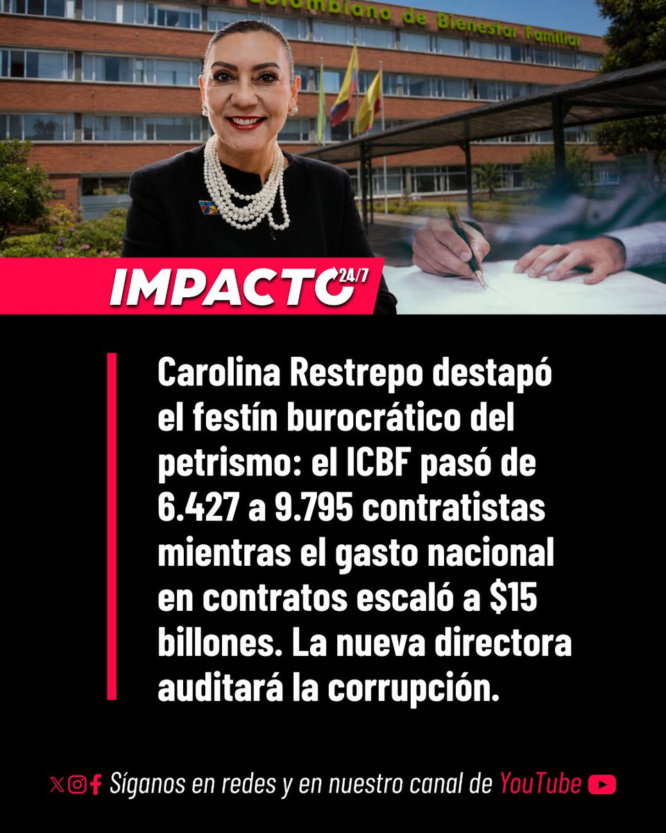 Impacto24_7's tweet photo. 🚨🇨🇴 OTRO CARRUSEL PETRISTA | Carolina Restrepo desnudó el festín burocrático del régimen de Gustavo Petro en el ICBF. Mientras la niñez sufría abandono, la entidad infló su contratación de apoyo de 6.427 contratos en 2022 a 9.795 en 2024. A nivel nacional, el progresismo duplicó el gasto estatal a $15 billones con 418.805 contratos. La nueva administración audita contrato por contrato para llevar ante la Fiscalía, Contraloría y Procuraduría a los politiqueros del cambio.