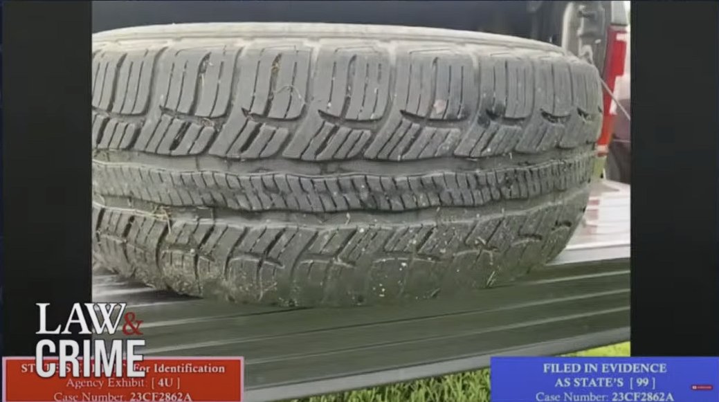 TrueCrimeAudit's tweet photo. Ladies and gents, I give you the tire collected from the home Henry Tennon used to live at. You can see it's sitting on the tailgate of a pickup truck. This is after it was collected. Don't worry, it's only said to have the DNA of the gunman on it #MarioFernandez #JaredBridegan https://t.co/vssVR1fUTy