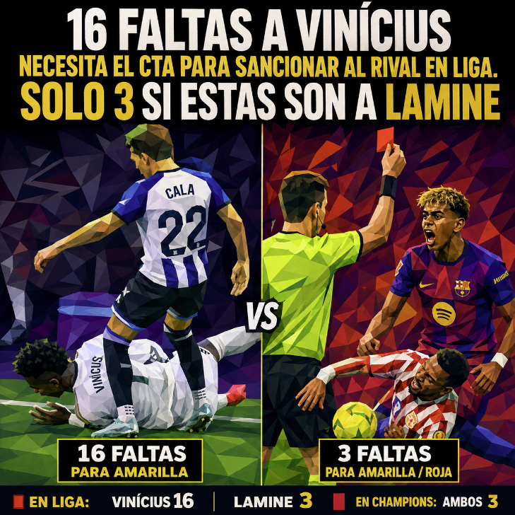 mjss10's tweet photo. 🚨Vinícius necesita recibir 16 faltas en Liga para que el rival vea amarilla.

Lamine Yamal necesita solo 3.

¿Lo más llamativo? En Champions, Vinícius también necesita solo 3.

Mismo jugador. Mismo deporte. Mismo reglamento.

¿Qué pasa en España? Parece que la camiseta y CTA cambia el criterio.

Barra Libre