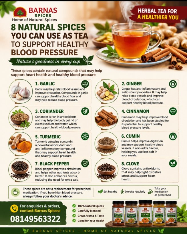 barnatezzy's tweet photo. 🌿 Spices &amp; Tea for Heart-Healthy Living

https://t.co/rMZYduXZkH

#BarnasSpices #HomeOfNaturalSpices #HealthyEating #BloodPressure #HeartHealth #NaturalSpices #HealthyLiving #Garlic #Ginger #Turmeric #Cinnamon #Coriander #Cumin #BlackPepper #Clove https://t.co/y25sNHpFyY