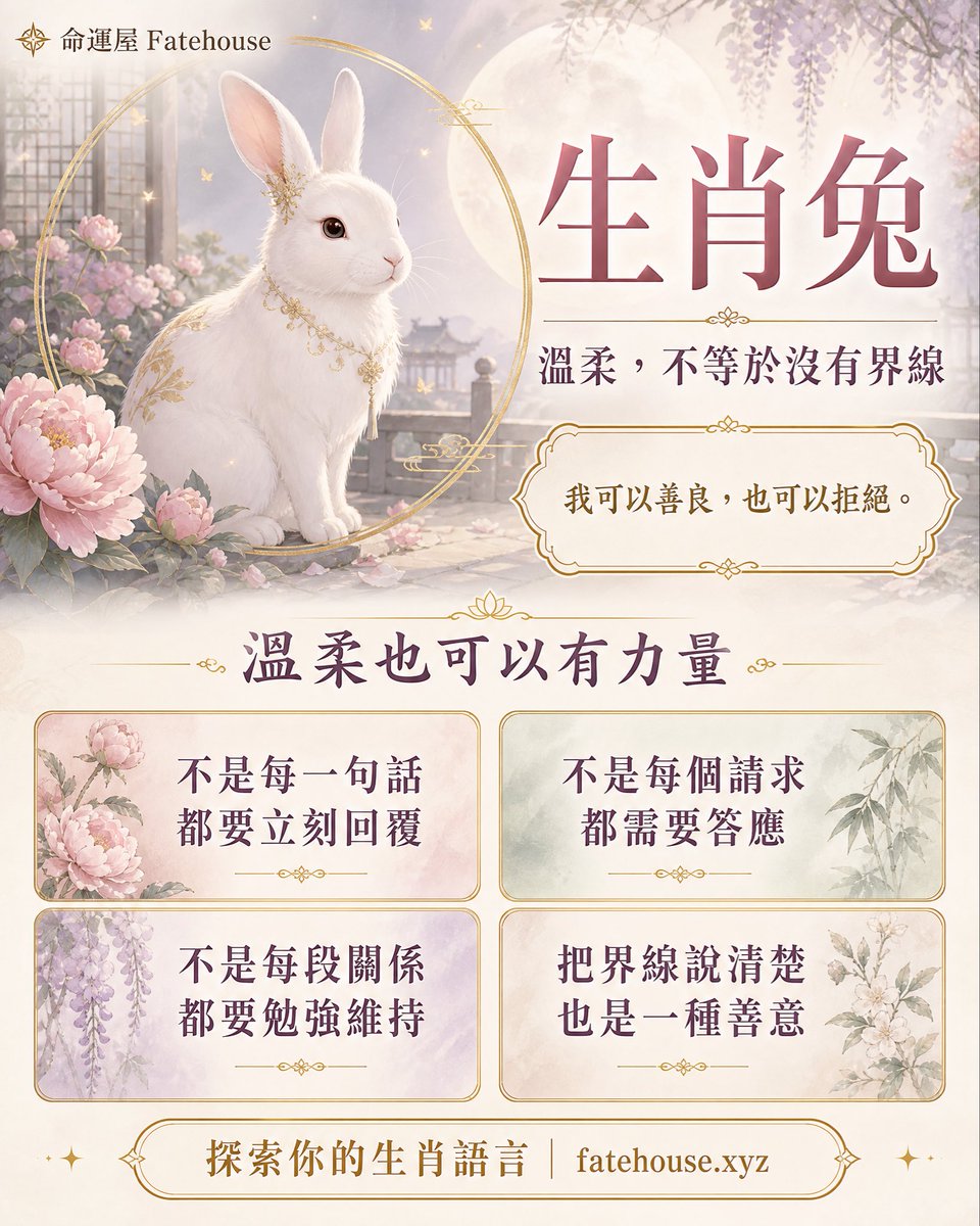 fatehouse0103's tweet photo. 生肖兔的溫柔，不等於沒有界線。

你可以善良，也可以拒絕；不是每個請求都需要答應，也不是每段關係都要勉強維持。把界線說清楚，也是善意。

https://t.co/mkNUC0gidw

#生肖兔 #界線感 #自我探索 https://t.co/rzm4PY9BXo