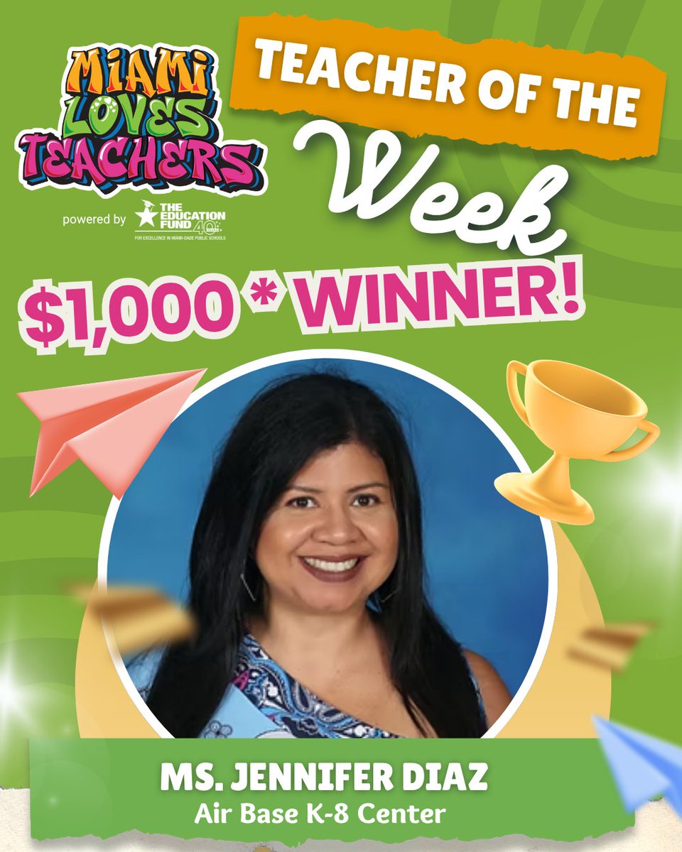 SuptDotres's tweet photo. Congratulations to Jennifer Diaz of @AirBaseK8, our Teacher of the Week! With 28 years of dedicated service, Ms. Diaz inspires her 4th-grade Advanced Academics ELA students to grow as confident readers and lifelong learners. She also leads the Dream in Green program, teaching teamwork and environmental care through hands-on gardening. We are proud to celebrate her alongside the @EducationFund, @2026MiamiHC, and @CFPExtraYard. Nominate a teacher: https://t.co/OTtDo8GbzI #YourBestChoiceMDCPS
