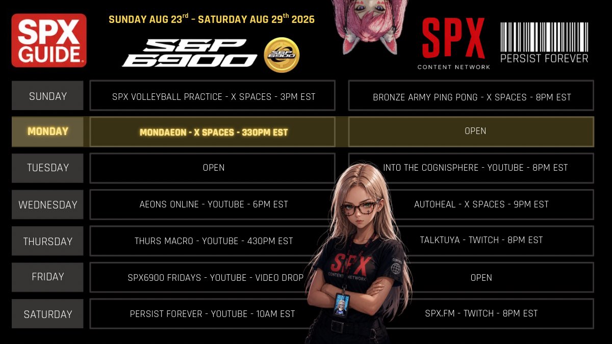 SCN6900's tweet photo. 🚨AIRING TODAY ON THE SPX CONTENT NETWORK— [DAY 65] MONDAY [08/24/26]🚨

MONDAEON
With Hosts @sebstrail &amp; @mike
LIVE ON X SPACES — 330PM EST

— [CTRL]🌐

#SPXContentNetwork #SPXGUIDE https://t.co/bSP4GZJ1Eo