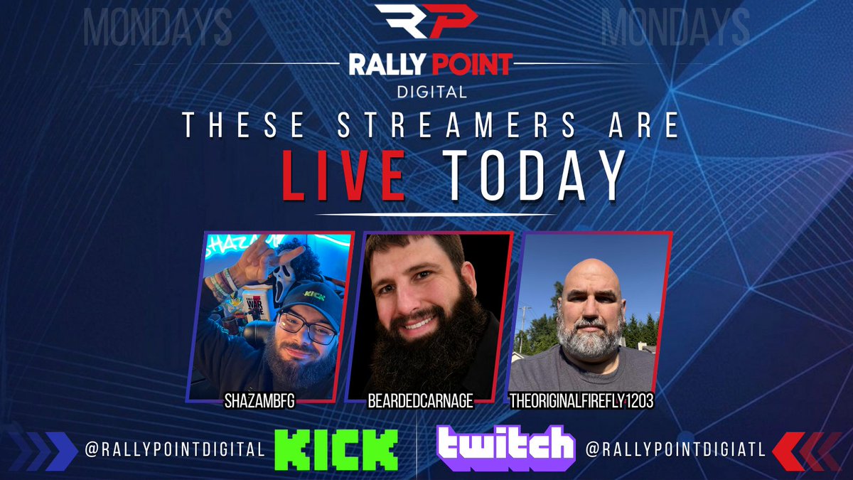 RallyPoint_HQ's tweet photo. Here's today's streaming lineup:

0900 EST — .@ShazamBFG

1300 EST — .@BeardedCarnage

2000 EST — .@TheOriginalFirefly1203

Rally Together. Tune in. Support the squad. This is your Rally Point!

🔗 https://t.co/z316lPIEYE
🔗 https://t.co/fZKfdSSttI

#Twitch #Kick https://t.co/epbFqG1IgC