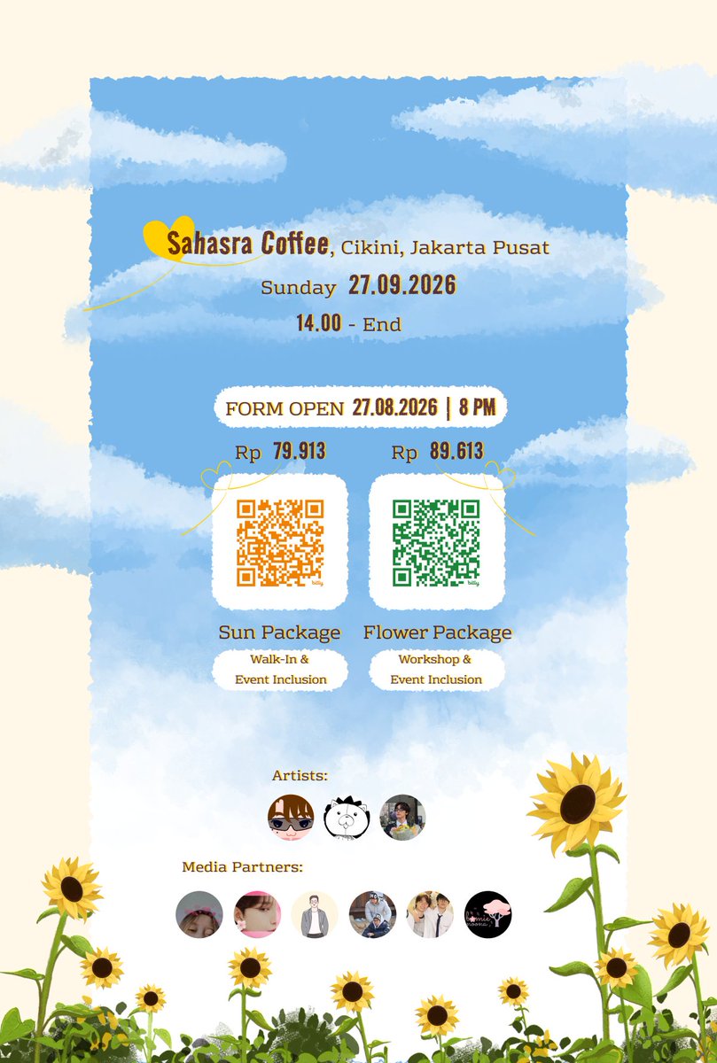 CATOTTER613's tweet photo. 🌻 𝒀𝒐𝒖’𝒓𝒆 𝑴𝒚 𝑺𝒖𝒏𝒇𝒍𝒐𝒘𝒆𝒓 🌻

a wonchan event 🐈‍⬛🦦
by @CATOTTER613

🗓 Sun, 27 Sept 2026
🏡 Sahasra Coffee, Cikini

Registration open 27.08.2026 | 8 PM
Sun Package - https://t.co/KNImCAJnA5
Flower Package - https://t.co/glzbclQHQJ

#YouAreMySunflower 
#WONCHAN https://t.co/dGZWeTEz9K