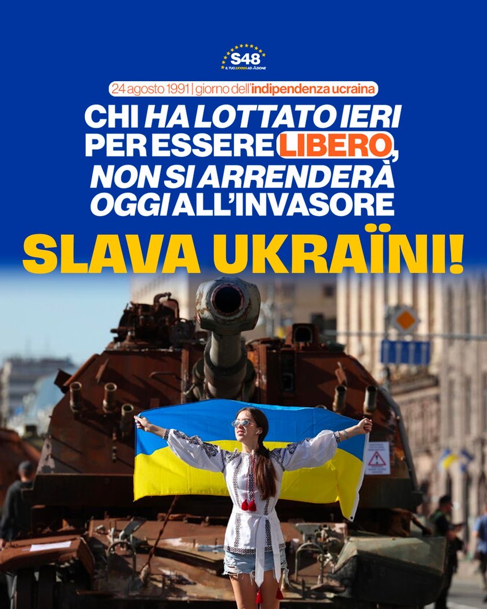 CarloCalenda's tweet photo. Oggi si celebra il giorno dell’indipendenza dell’Ucraina, ottenuta 35 anni fa dopo decenni di soprusi sovietici. 
Ancora oggi, dopo oltre quattro anni di guerra di invasione e a dodici anni dall’occupazione della Crimea, gli ucraini stanno insegnando a noi e al mondo che solo il coraggio preserva la libertà. Onore a chi combatte per il proprio destino, a chi sa difendere la propria terra, a chi non si arrende all’invasore. Disonore a chi, anche in casa nostra, dileggia, attacca, parteggia con il dittatore fascista Putin. Gli ucraini saranno liberi perché sanno cosa vuol dire essere sotto il giogo imperialista e liberarsene è il loro desiderio più profondo. E faranno di tutto per raggiungerlo. 
Slava Ukraïni.