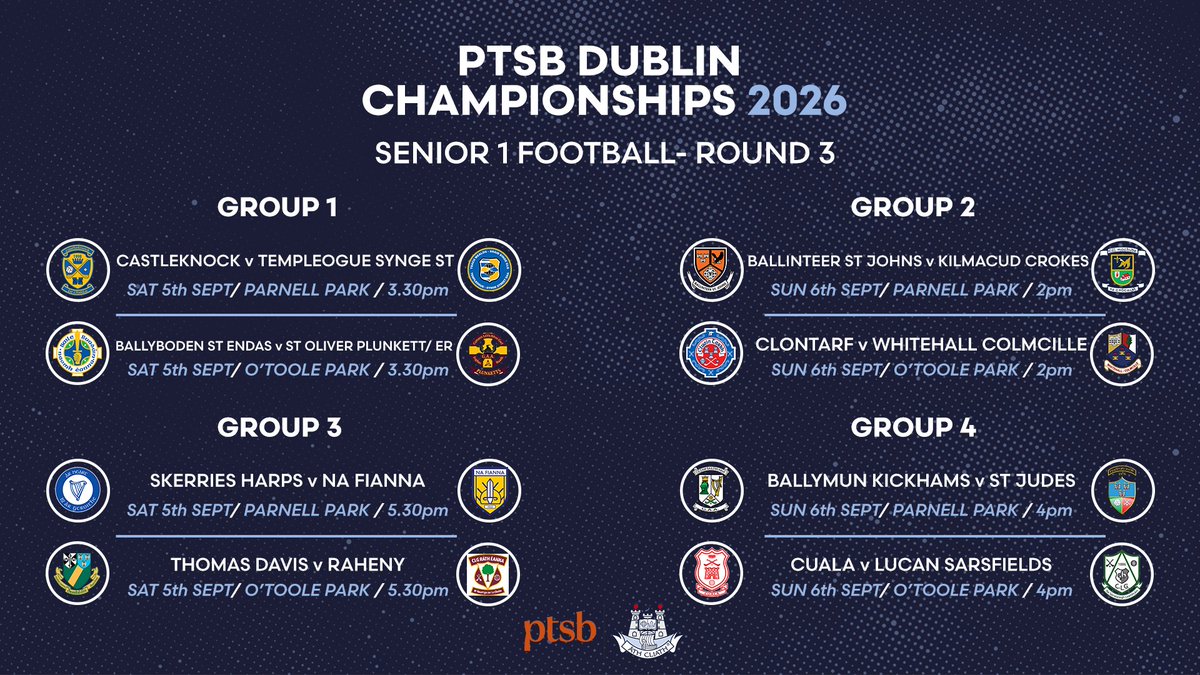 DubGAAOfficial's tweet photo. Fixture details have been confirmed for Round 3 of the @PTSBIreland Dublin Senior 1 Football Championship 👇

#PTSBChampionships https://t.co/LNLVqDWidQ