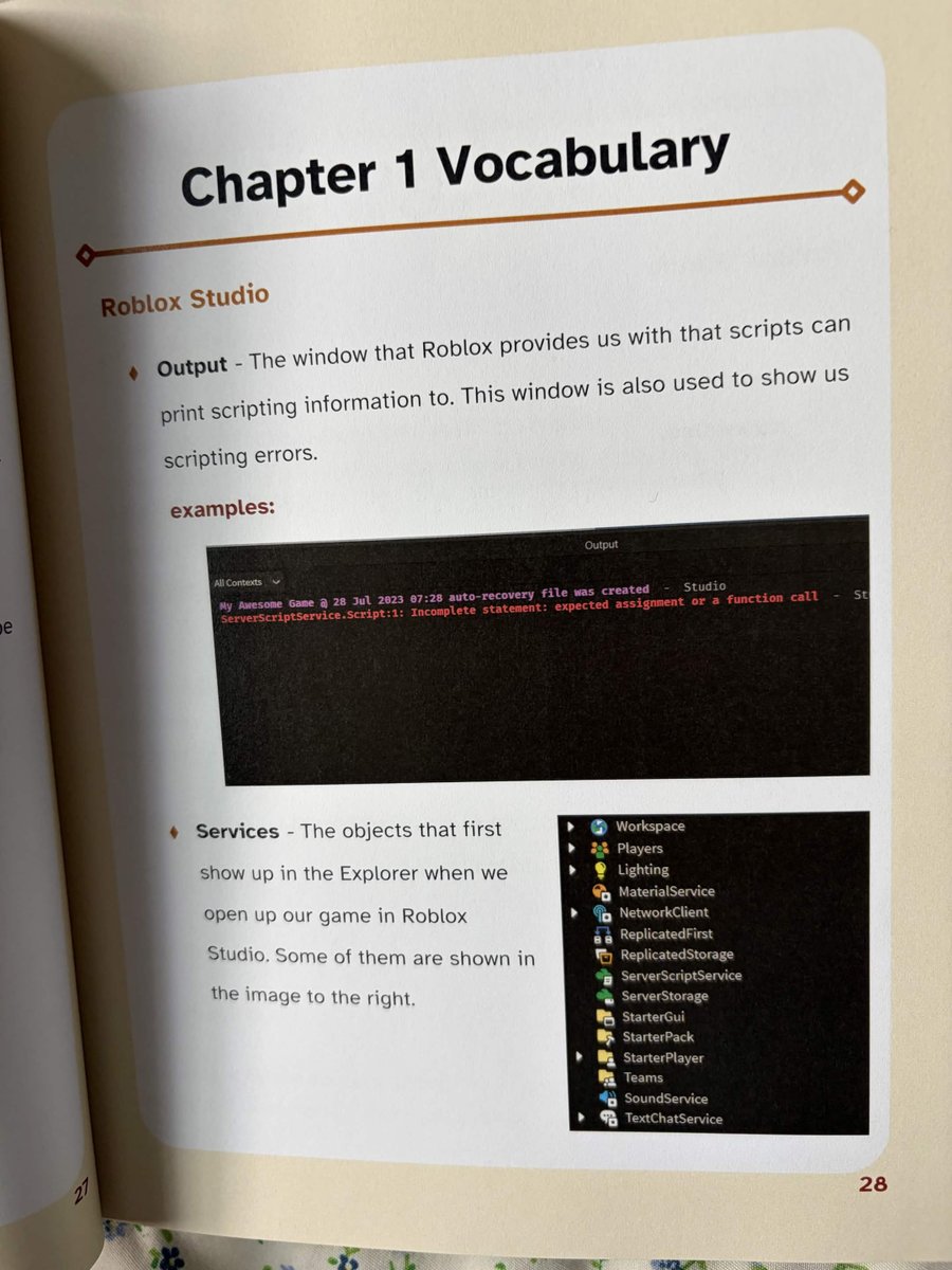 script_ing's tweet photo. The Beginner's Guide to Roblox Scripting book (Vol. 1) available for pre-order! 

It is restocking sometime mid-October. I rewrote the book to have new images of Roblox studio, updated for 2026, with higher quality paper, so that it's easier for you to read.

It's been out of stock for several months now, but you will be able to get it soon!  

Orders will begin shipping mid-October.   I've attached some images of the new version to this post.  If you pre-order, you will be guaranteed a copy of the book once it's back in stock.

You can now submit a pre-order on our website: https://t.co/sg0ELOM8KQ