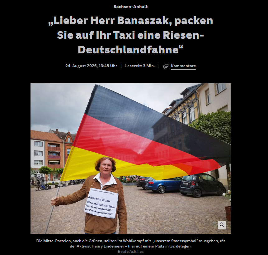 Sunnymica's tweet photo. Jetzt aber. 😅
Die Süddeutsche hat Henrys Sachsen-Anhalt-Tour aufgegriffen – und zwar genau mit dem Punkt, der ihn seit Salzwedel umtreibt:

Warum wird die Deutschlandfahne inzwischen reflexhaft der AfD zugerechnet?

Henry sagt: So geht das nicht. Schwarz-Rot-Gold gehört nicht einer Partei.

Und dann steht da tatsächlich als Überschrift:
„Lieber Herr Banaszak, packen Sie auf Ihr Taxi eine Riesen-Deutschlandfahne.“ O-Ton Henry (siehe Video unten!)☝️
Na bitte. 🇩🇪

Nebenbei beschreibt der Text ziemlich genau das, was Henry und Michael seit Tagen erleben: Viele AfD-Wähler folgen Sachargumenten durchaus ein Stück – und landen am Ende trotzdem wieder bei der AfD.

Henrys Fazit:
„Es ist kein logisches Problem, es ist ein emotionales Problem.“

Das dürfte noch interessant werden.
#HenryMichaelWahlreise #SchauHinWenDuWaehlst #SachsenAnhalt