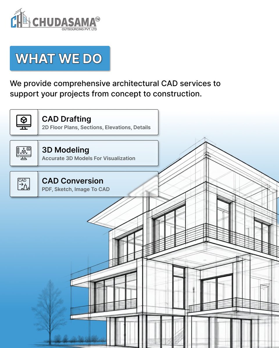 chcadd's tweet photo. ๐๏ธ Precision Drawings. Better Buildings.
COPL delivers reliable 2D & 3D CAD drafting and PDF/sketch/image-to-CAD conversion with quality and on-time delivery. Letโs build great together!
๐ https://t.co/D1wfkrbDK7
#CAD #Drafting #Architecture https://t.co/hNumQZ4CF6