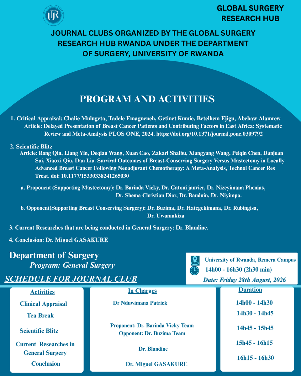 GSRHRwanda's tweet photo. The August  #JournalClub is coming up on 28th and this month we will feature the #GeneralSurgery at
@Uni_Rwanda to discuss and critique impactful research in #GlobalSurgery. Get Ready🎯
@Fostino21, @NIHR_GSU, @ijea2000, @uncogoza, @RwandaHealth, @UCmhs, @Surgical_RW https://t.co/504XkT1XC1