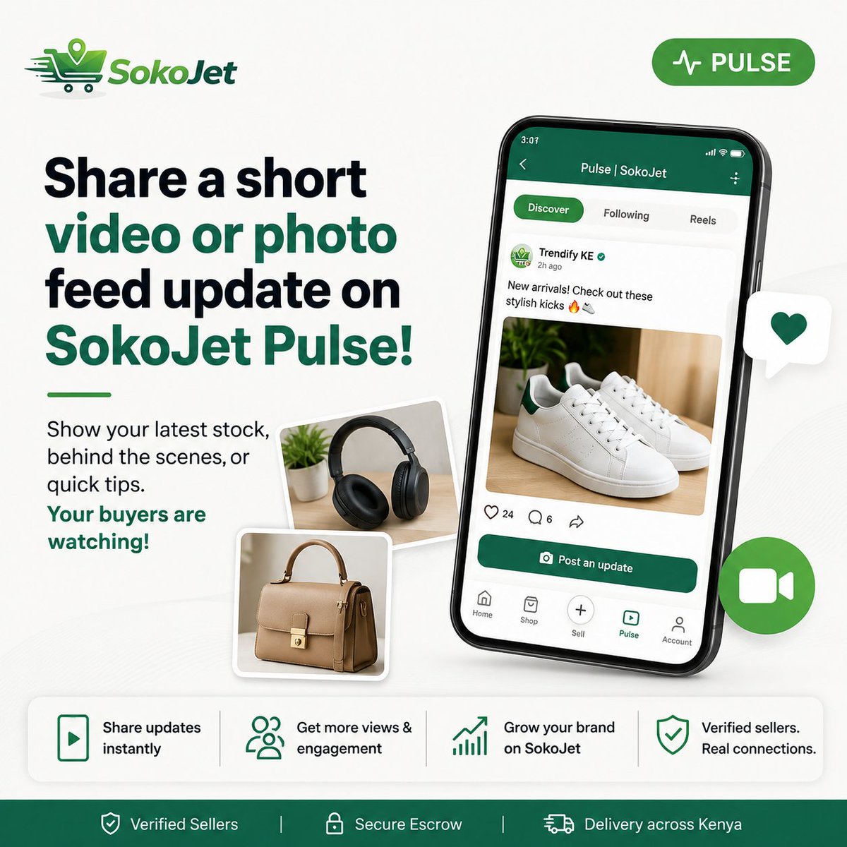 sokojet's tweet photo. Your next buyer might be watching. 👀

Got new stock? A product people keep asking about? Or a quick tip worth sharing?

Post it on SokoJet Pulse. 
Don’t just list it. Show it.

#SokoJet #SokoJetPulse #SellOnline #KenyanSellers #EcommerceKenya https://t.co/lC9d8BdCs8