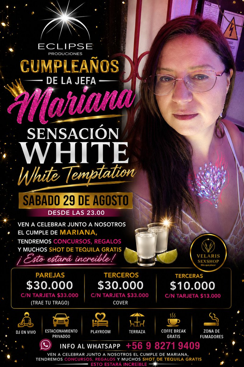 Club_Eclipse_'s tweet photo. 🚨 MEGA EVENTO EN ECLIPSE 🔥
CUMPLEAÑOS DE LA JEFA MARIANA 👑
🤍 WHITE TEMPTATION ✨
Este SÁBADO 29 DE AGOSTO | 23:00 se viene una celebración que estará INCREÍBLE 😈
🎁 Concursos y regalos
#WhiteTemptation #MegaEvento #CumpleañosDeLaJefa #ClubEclipse #Sábado #NocheInolvidable https://t.co/d8Jzcg2X8G