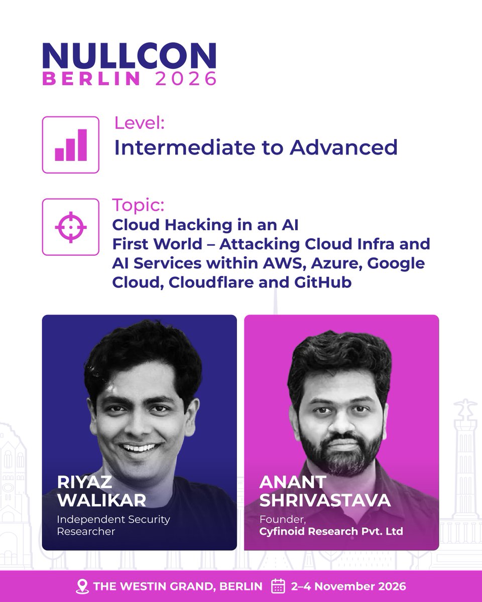 nullcon's tweet photo. Cloud attacks don’t always stay in the cloud. One foothold can open another door.

This training by @riyazwalikar &amp; @anantshri (@cyfinoid) goes beyond finding flaws to tracing how cloud and AI weaknesses can chain into real compromise.

Register now: https://t.co/nwmPAmHINn https://t.co/6NaqeQ8ZsD