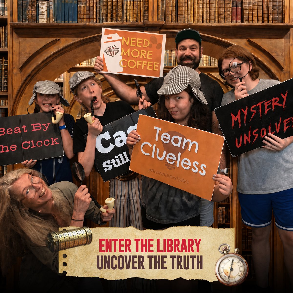AllinAdventure's tweet photo. Step into Sherlock’s Library at All In Adventures and put your detective skills to the test. Search for clues, connect the evidence, solve the mystery, and see if your crew can uncover the truth before time runs out. ⏳

#AllInAdventures #EscapeRoom #ThingsToDo #TeamAdventure https://t.co/tRxELcWGwz