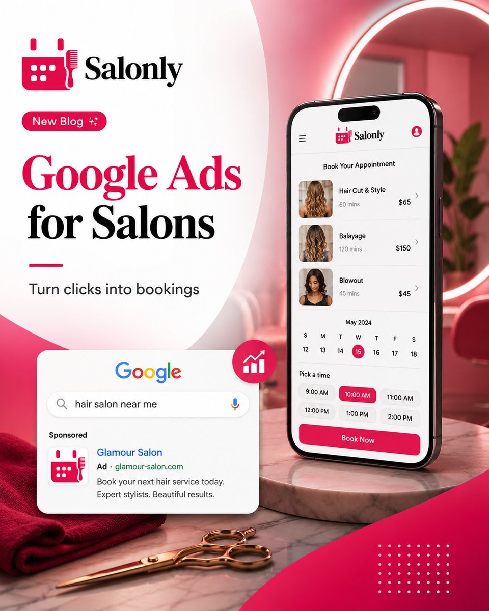 SalonlyOfficial's tweet photo. Google Ads for salons should drive bookings, not just clicks.

This guide covers:

✓ Local high-intent keywords
✓ Better salon ad copy
✓ Booking-focused landing pages
✓ Tracking real appointments
✓ Mistakes that waste budget

👉https://t.co/Haqm6Nn5Tk

#SalonMarketing https://t.co/tqaSwB9pvP