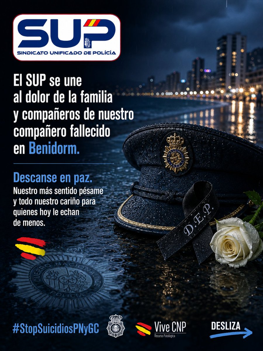 Sup_Policia's tweet photo. 🖤 El SUP se une al dolor de la familia y compañeros de nuestro compañero fallecido en Benidorm. Descanse en paz.

En un momento así no podemos limitarnos a lamentarlo. Llevamos tiempo denunciando que la salud mental de los policias sigue sin tener el peso que merece dentro del Cuerpo: faltan protocolos reales, faltan recursos de apoyo psicológico accesibles y sigue existiendo el estigma de pedir ayuda.

Hemos preparado un hilo visual con señales de alerta, pautas de actuación y todos los recursos disponibles las 24 horas, incluido el Equipo de Intervención Psicosocial (91 582 10 43). Compartidlo, puede llegar a quien lo necesita hoy.

Cuidémonos entre compañeros. 💙