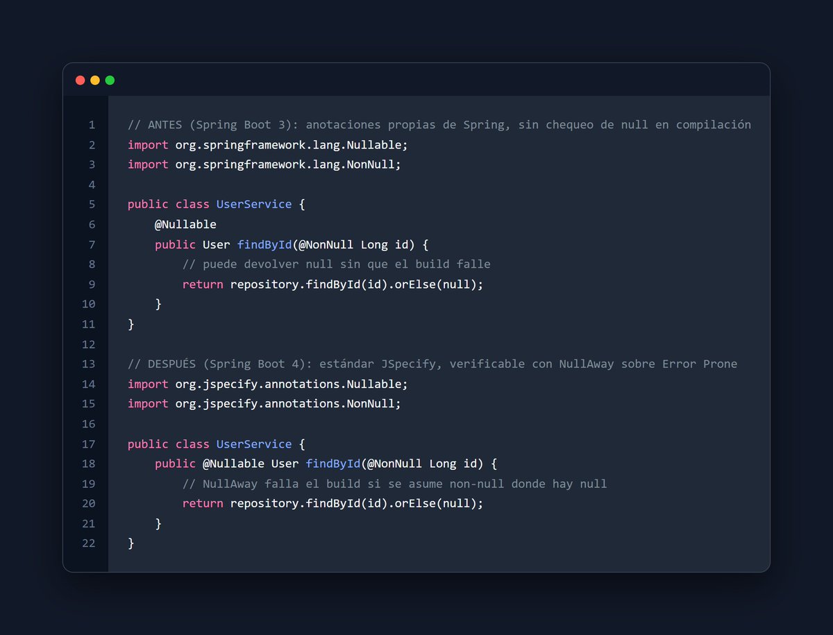 carjadev's tweet photo. ¿NullPointerException silenciosos en producción? Spring Boot 4 lo arregla en build.
Las anotaciones de nullability de Spring están deprecadas; el nuevo estándar es #JSpecify. Con #NullAway sobre Error Prone, cada null donde marcaste @NonNull rompe el build.
#backenddev https://t.co/naXv8P0N77