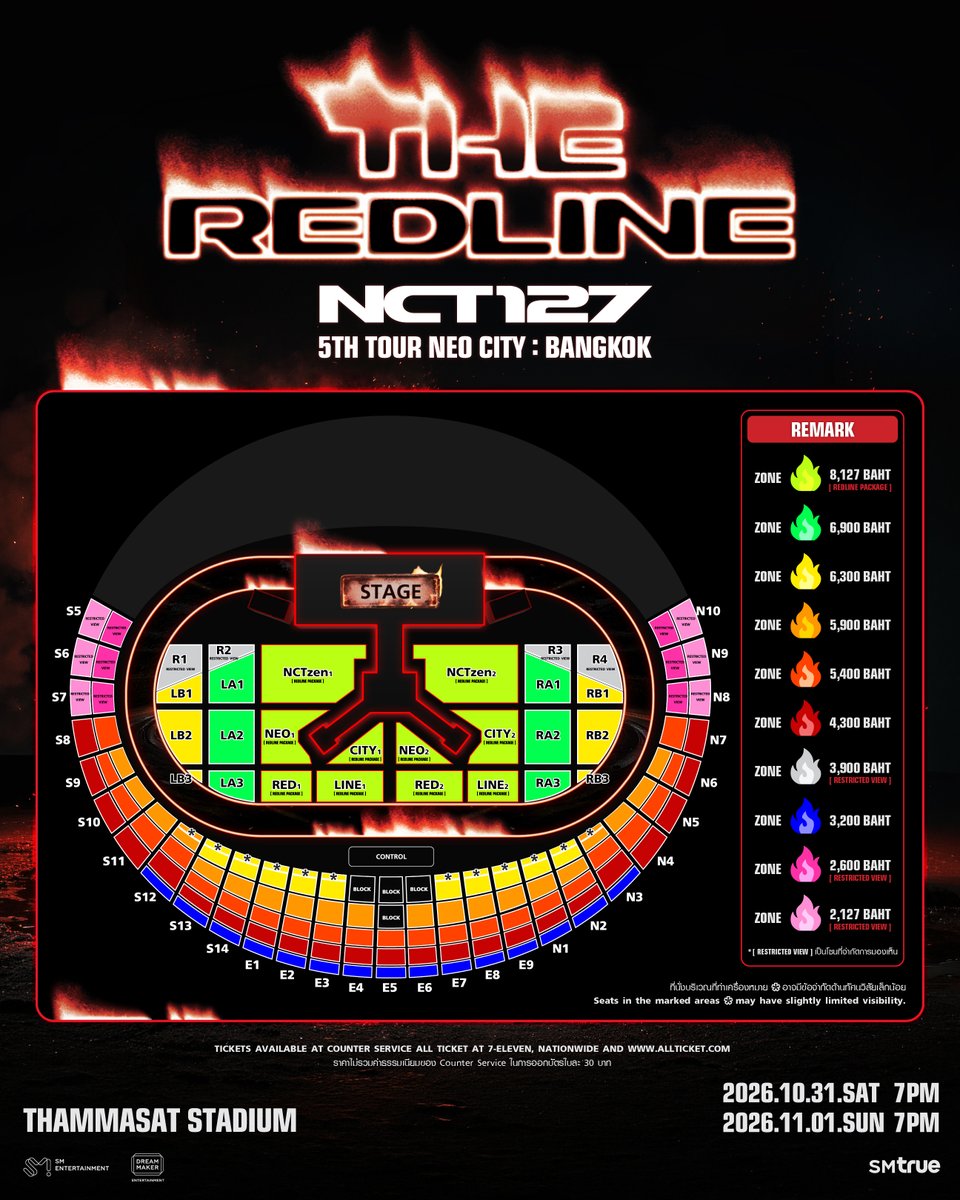 SMTrueThailand's tweet photo. 💚 Seat Plan, Fan Benefits and Ticket Selling Details 💚
⠀⠀
𝗡𝗖𝗧 𝟭𝟮𝟳 𝟱𝗧𝗛 𝗧𝗢𝗨𝗥 '𝗡𝗘𝗢 𝗖𝗜𝗧𝗬 : 𝗕𝗔𝗡𝗚𝗞𝗢𝗞 - 𝗧𝗛𝗘 𝗥𝗘𝗗𝗟𝗜𝗡𝗘'
⠀
📟 𝟮 shows :
⠀
⠀  𝟯𝟭 𝗢𝗰𝘁𝗼𝗯𝗲𝗿 𝟮𝟬𝟮𝟲 (SAT) | 𝟳:𝟬𝟬 PM
⠀  𝟭 𝗡𝗼𝘃𝗲𝗺𝗯𝗲𝗿 𝟮𝟬𝟮𝟲 (SUN) | 𝟳:𝟬𝟬 PM
⠀
🏟 Venue :
⠀
⠀𝗧𝗛𝗔𝗠𝗠𝗔𝗦𝗔𝗧 𝗦𝗧𝗔𝗗𝗜𝗨𝗠
⠀
__________
⠀
⛽ Ticket Sales Open in 𝟯 Rounds :
⠀
1. ["𝗡𝗖𝗧𝘇𝗲𝗻 𝟭𝟮𝟳" 𝗠𝗲𝗺𝗯𝗲𝗿𝘀𝗵𝗶𝗽 (𝗚𝗟) 𝗣𝗿𝗲-𝗦𝗮𝗹𝗲]
⠀
⠀⠀➫ 𝟰 𝗦𝗲𝗽𝘁𝗲𝗺𝗯𝗲𝗿 𝟮𝟬𝟮𝟲 (FRI) from 𝟳:𝟬𝟬 PM – 𝟭𝟭:𝟱𝟵 PM (ICT) only
⠀
⠀⠀⠀⠀↳ Only on website https://t.co/nCqDX3YR8f
⠀⠀
2. [𝗝𝗢𝗬 𝗖𝗟𝗨𝗕 𝗣𝗿𝗲-𝗦𝗮𝗹𝗲]
⠀
⠀⠀➫ 𝟱 𝗦𝗲𝗽𝘁𝗲𝗺𝗯𝗲𝗿 𝟮𝟬𝟮𝟲 (SAT) from 𝟭𝟭:𝟬𝟬 AM – 𝟯:𝟱𝟵 PM (ICT) only
⠀
⠀⠀⠀⠀↳ Only on website https://t.co/nCqDX3YR8f
⠀⠀
3. [𝗚𝗲𝗻𝗲𝗿𝗮𝗹 𝗦𝗮𝗹𝗲]
⠀
⠀⠀➫ 𝟲 𝗦𝗲𝗽𝘁𝗲𝗺𝗯𝗲𝗿 𝟮𝟬𝟮𝟲 (SUN) from 𝟭𝟭:𝟬𝟬 AM (ICT) onwards
⠀
⠀⠀⠀⠀↳ Channel 1 : Counter Service ALL TICKET at 7-Eleven all branches in Thailand
⠀
⠀⠀⠀⠀↳ Channel 2 : Website https://t.co/nCqDX3YR8f
⠀
⠀⠀➫ *If tickets are sold out during the Pre-Sale, there will be no General Sale.
⠀
__________
⠀
🌡️ All Seated Ticket Price (THB) :
⠀
⠀⠀𝟴,𝟭𝟮𝟳 (🔥 𝗥𝗘𝗗𝗟𝗜𝗡𝗘 𝗣𝗔𝗖𝗞𝗔𝗚𝗘 🔥) / 𝟲,𝟵𝟬𝟬 / 𝟲,𝟯𝟬𝟬 / 𝟱,𝟵𝟬𝟬 / 𝟱,𝟰𝟬𝟬 / 𝟰,𝟯𝟬𝟬 / 𝟯,𝟵𝟬𝟬 / 𝟯,𝟮𝟬𝟬 / 𝟮,𝟲𝟬𝟬 / 𝟮,𝟭𝟮𝟳
⠀
⠀⠀*Ticket Price does not include Counter Service issuing fee 30 THB per ticket.
⠀
__________
⠀
🚩 Fan Benefits (PER SHOW) :
⠀
【 Seated Tickets 𝟴,𝟭𝟮𝟳 THB (🔥 𝗥𝗘𝗗𝗟𝗜𝗡𝗘 𝗣𝗔𝗖𝗞𝗔𝗚𝗘 🔥) 】
⠀⠀
⠀⠀- 𝗦𝗢𝗨𝗡𝗗 𝗖𝗛𝗘𝗖𝗞 : Access to the SOUND CHECK event
⠀⠀- 𝗥𝗘𝗗𝗟𝗜𝗡𝗘 𝗧𝗔𝗚 & 𝗦𝗧𝗥𝗔𝗣 : 1 set
⠀⠀- 𝗘𝗫𝗖𝗟𝗨𝗦𝗜𝗩𝗘 𝗕𝗔𝗚 : 1 ea
⠀⠀- 𝗕𝗟𝗨𝗘𝗧𝗢𝗢𝗧𝗛 𝗦𝗣𝗘𝗔𝗞𝗘𝗥 : 1 ea
⠀⠀- 𝗔𝗥𝗢𝗠𝗔 𝗕𝗔𝗟𝗠 : 1 ea
⠀⠀- 𝗖𝗢𝗡𝗖𝗘𝗥𝗧 𝗦𝗧𝗜𝗖𝗞𝗘𝗥 : 1 set
⠀⠀- 𝗣𝗛𝗢𝗧𝗢𝗖𝗔𝗥𝗗 (Individual image of all members - 5 ea) : 1 set
⠀⠀- 𝗢𝗙𝗙𝗜𝗖𝗜𝗔𝗟 𝗣𝗢𝗦𝗧𝗘𝗥 : 1 ea
⠀
【 Seated Tickets 𝟲,𝟵𝟬𝟬 / 𝟲,𝟯𝟬𝟬 THB 】
⠀⠀
⠀⠀- 𝗖𝗢𝗡𝗖𝗘𝗥𝗧 𝗦𝗧𝗜𝗖𝗞𝗘𝗥 : 1 set
⠀⠀- 𝗣𝗛𝗢𝗧𝗢𝗖𝗔𝗥𝗗 (Individual image of all members - 5 ea) : 1 set
⠀⠀- 𝗢𝗙𝗙𝗜𝗖𝗜𝗔𝗟 𝗣𝗢𝗦𝗧𝗘𝗥 : 1 ea
⠀⠀
【 Seated Tickets 𝟱,𝟵𝟬𝟬 / 𝟱,𝟰𝟬𝟬 / 𝟰,𝟯𝟬𝟬 / 𝟯,𝟵𝟬𝟬 / 𝟯,𝟮𝟬𝟬 / 𝟮,𝟲𝟬𝟬 / 𝟮,𝟭𝟮𝟳 THB 】
⠀⠀
⠀⠀- 𝗣𝗛𝗢𝗧𝗢𝗖𝗔𝗥𝗗 (Random individual image) : 1 ea
⠀⠀- 𝗢𝗙𝗙𝗜𝗖𝗜𝗔𝗟 𝗣𝗢𝗦𝗧𝗘𝗥 : 1 ea
⠀⠀
🚧 Remark :
⠀⠀
⠀1. All ticket purchasers who wish to redeem the fan benefits must present their show ticket (plastic ticket for event entry) for redemption.
⠀⠀
⠀2. SM True does not allow the act of exchange, transfer, or resale of rights to other persons under any circumstances. If such actions are detected, the company reserves the right to cancel your rights immediately without prior notice.
⠀⠀
⠀3. SM True reserves the right to make the final decision.
⠀
__________
⠀
💥 Ticket Purchase Conditions :
⠀⠀
1. "𝗡𝗖𝗧𝘇𝗲𝗻 𝟭𝟮𝟳" 𝗠𝗲𝗺𝗯𝗲𝗿𝘀𝗵𝗶𝗽 (𝗚𝗟) 𝗣𝗿𝗲-𝗦𝗮𝗹𝗲
⠀⠀
⠀⠀1.1 Available only on https://t.co/nCqDX3YR8f
⠀
⠀⠀1.2 Ticket Purchase Limit : Each "𝗡𝗖𝗧𝘇𝗲𝗻 𝟭𝟮𝟳" 𝗠𝗲𝗺𝗯𝗲𝗿𝘀𝗵𝗶𝗽 (𝗚𝗟) 𝗠𝗲𝗺𝗯𝗲𝗿𝘀𝗵𝗶𝗽 𝗡𝘂𝗺𝗯𝗲𝗿 can purchase up to two (2) tickets per show. (a maximum of 4 tickets across 2 shows)
⠀⠀
2. 𝗝𝗢𝗬 𝗖𝗟𝗨𝗕 𝗣𝗿𝗲-𝗦𝗮𝗹𝗲
⠀⠀
⠀⠀2.1 Available only on https://t.co/nCqDX3YR8f
⠀⠀
⠀⠀2.2 The JOY CLUB Pre-Sale is exclusively available to JOY CLUB members who are Thai nationals and hold a valid Thai national ID card.
⠀⠀
⠀⠀2.3 Only JOY CLUB members who have successfully registered for JOY CLUB Pre-Sale eligibility between 17 August 2026 at 12:00 PM (ICT) to 19 August 2026 at 11:59 PM (ICT) will be eligible to purchase tickets in this round.
⠀⠀
⠀⠀2.4 Ticket Purchase Limit : Each JOY CLUB membership number is eligible to purchase only one (1) ticket per show. (a maximum of 2 tickets across 2 shows)
⠀⠀
⠀⠀2.5 The number of tickets purchased in the JOY CLUB Pre-Sale will not be counted toward the number of tickets purchased in the “NCTzen 127” Membership (GL) Pre-Sale.
⠀⠀
⠀⠀2.6 SM True reserves the right to grant entry only to JOY CLUB Members whose ‘name and surname on their national ID card’ and ‘membership number on the show ticket’ match the information provided in their ‘JOY CLUB Member Profile’.
⠀⠀
⠀⠀2.7 SM True reserves the right to prohibit any JOY CLUB Member from transferring, selling, or granting their rights to others, including to non-members. If any such activity is detected, the following actions may be taken without prior notice:
⠀⠀
⠀⠀⠀⠀(1) Immediate cancellation of your JOY CLUB membership.
⠀⠀
⠀⠀⠀⠀(2) Blacklisting of the member’s national ID number, prohibiting future participation in SM True activities, such as the purchase of concert tickets during general sales and other related activities.
⠀⠀
⠀⠀⠀⠀(3) Disqualification from attending all concerts and performances (even if tickets have already been purchased), including any events organized by SM True under all circumstances.
⠀⠀
⠀⠀⠀⠀(4) No refunds will be issued, and any tickets in question will be cancelled immediately.
⠀⠀
3. 𝗚𝗲𝗻𝗲𝗿𝗮𝗹 𝗦𝗮𝗹𝗲
⠀⠀⠀
⠀⠀3.1 Ticket Purchase Limit (all channels) : Each national ID card can be used to purchase up to four (4) tickets across 2 shows.
⠀⠀
⠀⠀❋ In other words ❋ You may purchase any number of tickets per show, but the total across 2 shows must not exceed four (4) tickets.
⠀⠀
⠀⠀3.2 The number of tickets purchased in the general sale will not be counted toward the number of tickets purchased in the “NCTzen 127” Membership (GL) Pre-Sale and JOY CLUB Pre-Sale.
⠀
4. To purchase tickets through Counter Service ALL TICKET at 7-Eleven all branches in Thailand, you must present your ID card for identity verification and make the payment immediately with either 'cash' 💸 or 'credit card' 💳, A 3.25% processing fee applies to credit card payments (debit cards are not accepted).
⠀
5. To purchase tickets through website https://t.co/nCqDX3YR8f with cash payment, please bring Reserve ID or PAY CODE (20 digits) to pay at Counter Service ALL TICKET at 7-Eleven all branches in Thailand ⏰ within 30 minutes ⏰ to secure your reservation. Tickets with overdue payment will be canceled automatically and returned to the system for the next purchase.
⠀
6. To purchase tickets through website https://t.co/nCqDX3YR8f with a “credit card” 💳 payment, a 3.25% processing fee will apply (debit card payments are not accepted), and for ‘TrueMoney’ 📷 payment, a 1.5% processing fee will apply.
⠀
7. After a successful payment, SM True reserves the right to decline changes, cancellations, and refunds for the show ticket, in all cases.
⠀
8. Please keep your payment evidence (receipt slip or proof of payment) in good condition for show ticket pick-up. Details regarding the date, time, and pick-up method will be announced later.
⠀⠀
9. Please be aware of the scammers claiming to be staff members, unofficial ticket booking and selling, etc.
⠀
10. SM True does not support the act of reselling tickets for a higher price. We reserve the right to permanently ban the resellers’ ID card number in our system without prior notice, resulting in an inability to engage in any activities with SM True in the future.
⠀
11. SM True does not allow the distribution of tickets for advertising or any sales promotion activities that are not authorized by the company. Such actions are considered a legal violation.
⠀
__________
⠀
🎟️ Steps to Request a Replacement Ticket (For Lost Seated Tickets)
⠀
1. For replacement request by the ticket purchaser, please provide the following documents and follow these steps:
⠀
⠀⠀1.1 Reserve ID 20 digits
⠀
⠀⠀1.2 Original ID card or original passport
⠀
⠀⠀1.3 Police Report (must be filed by the ticket purchaser themselves).
⠀
⠀⠀1.4 *For seated tickets*: Submit all required documents and contact the ALL TICKET booth to request a replacement ticket within the operating hours for that specific performance only.
⠀
2. For replacement request by an authorized person, please provide the following documents and follow these steps:
⠀
⠀⠀2.1 Reserve ID 20 digits
⠀
⠀⠀2.2 A copy of the ID card/passport of of the ticket purchaser.
⠀
⠀⠀2.3 Police Report (must be filed by the ticket purchaser themselves).
⠀
⠀⠀2.4 Power of Attorney Form granting permission to the authorized person to collect the replacement ticket, along with a copy of the ID card or passport of the authorized person.
⠀
⠀⠀2.5 *For seated tickets*: Submit all required documents and contact the ALL TICKET booth to request a replacement ticket within the operating hours for that specific performance only.
⠀
__________
⠀
📨📲 For more information, please contact Counter Service :
⠀
⠀⠀Email : support@allticket.com
⠀⠀Line : @counterservice
⠀
__________
⠀
#NCT127 @NCTsmtown_127 #THE_REDLINE
#NCT127_5TH_NEOCITY_THE_REDLINE
#NCT127_5TH_NEOCITY_BANGKOK_THE_REDLINE
#THE_REDLINE_BANGKOK
#SMTrue