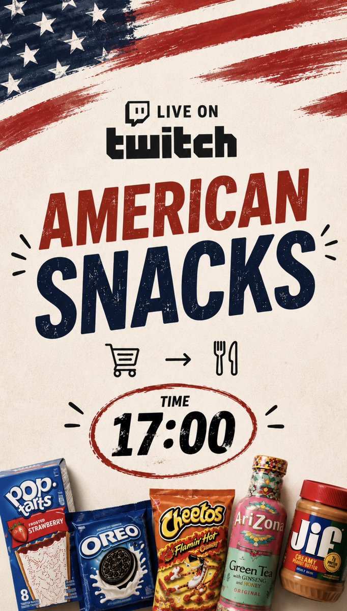 zeudidipalma's tweet photo. 🇺🇸 American snacks day

Oggi alle 17:00 live su Twitch: andiamo a comprare un po’ di cibi americani e li assaggiamo insieme.

See you there ✌🏻

#Zeudiners #Twitch https://t.co/3R4zLpa9FM
