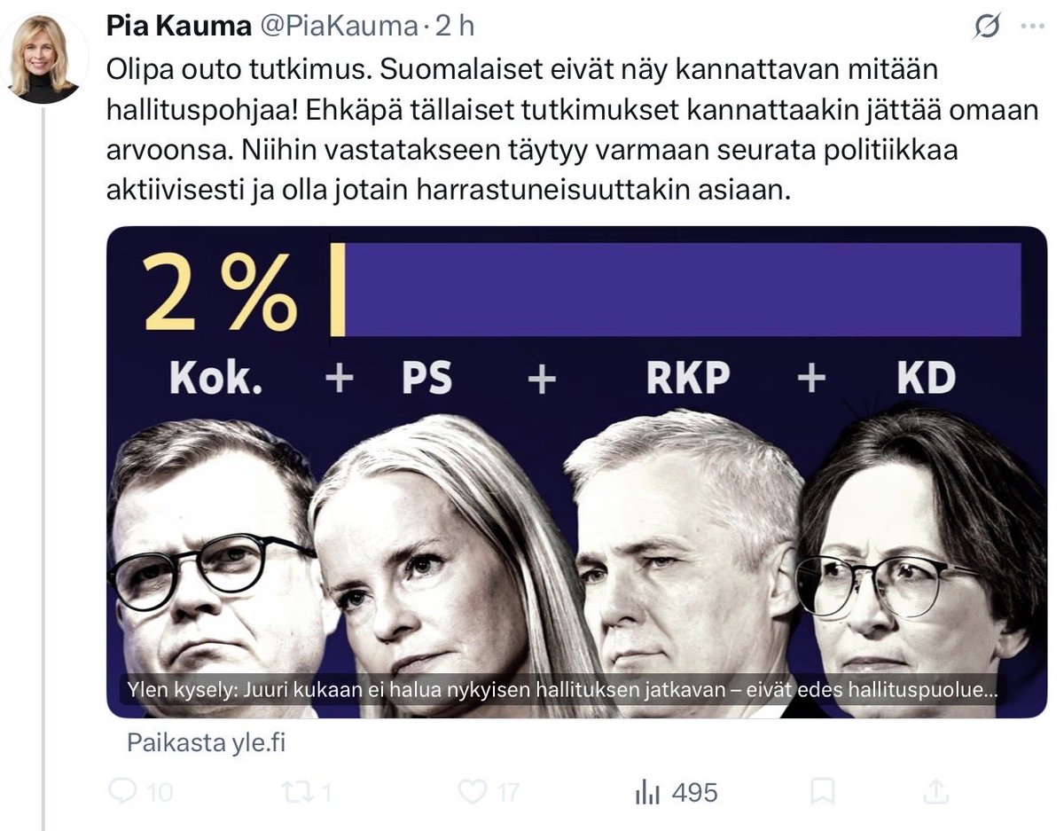 lainahanninen's tweet photo. Kansanedustaja #Kauma’n mielestä pitää olla aktiivinen politiikan harrastaja vastatakseen kyselyihin ja pitää tutkimustulosta arvottomana👇 esittää varmaan kohta, että pitää olla pääsykokeet päästäkseen äänestämään 🤔 @Taloustutkimus https://t.co/1VeElPgLQf