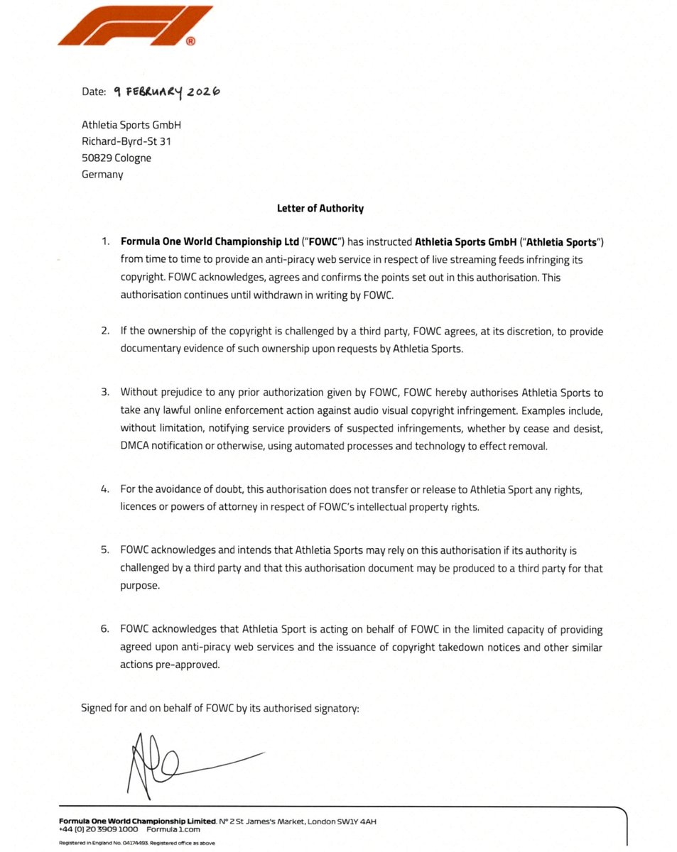 F1WDC2021's tweet photo. This is the Power of Attorney granted to @AthletiaSports by @F1 (FOWC) to pursue copyright infringements.

This POA is being used to persue individuals with small social media followings on the accusation of being 'likely to' 'divert custom from FOWC' and 'cause significant loss to FOWC'

Talk about going in heavy handed.

@SkySportsF1 @BBCSport @MirrorSport @SunSport 

#NoMoreBS #F1