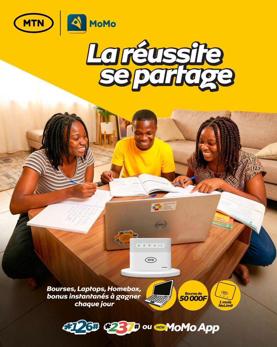 Fruit_2mer's tweet photo. Gagnez chaque jour l'un des 10 Packs Rentrée : 50 000 FCFA, un laptop, une Homebox et des bonus. 

Pour tenter votre chance :
👉 Transaction de 5 237 FCFA+ via *126# / New MoMo App
👉 Forfait de 237 FCFA+ via *237# 

On avance ensemble. 

#MTNBackToSchool #CetteRentreeOnGere https://t.co/Oj8LD4WOOv