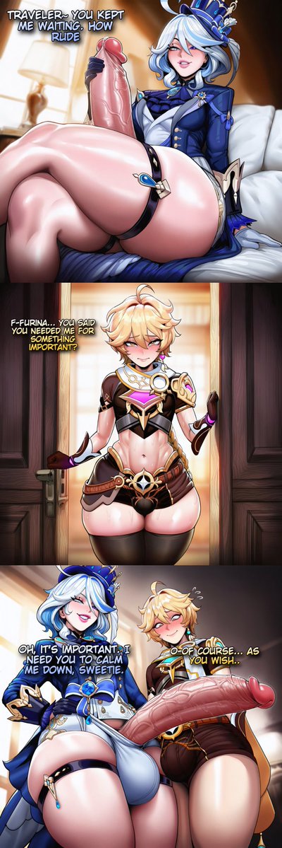 KronoLust's tweet photo. Futa Furina x Femboy Aether (Short Comic Commission)
Patreon Public Release https://t.co/o9UxdPbVGF