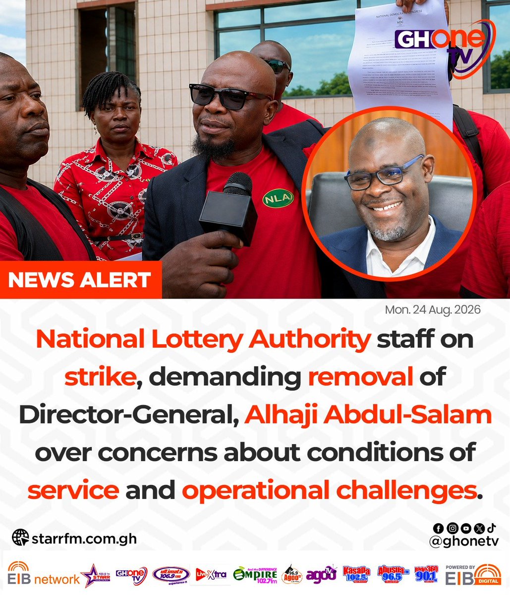 ghonetv's tweet photo. National Lottery Authority staff on strike, demanding removal of Director-General, Alhaji Abdul-Salam over concerns about conditions of service and operational challenges...

#EIBNetwork #GHOneTV 
#GHOneNews #NewsAlert https://t.co/P3xIf1Q0zH