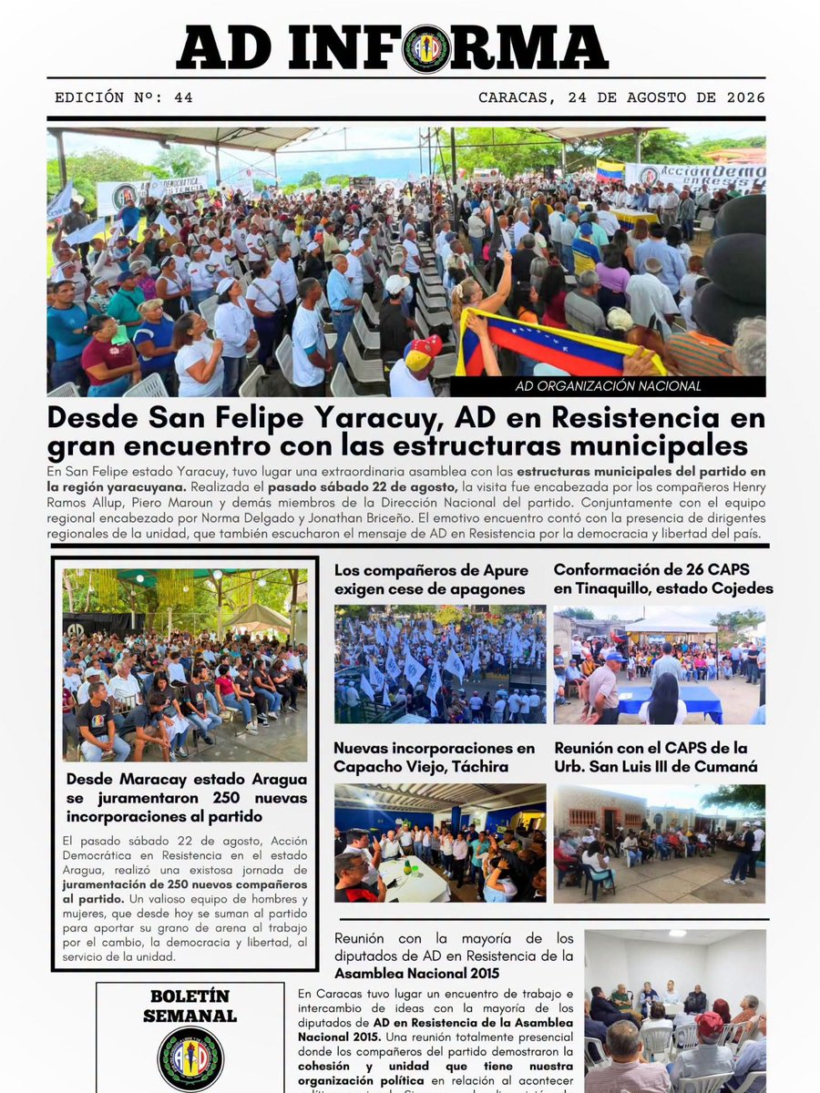 ADYaracuy1's tweet photo. Boletín informativo semanal,
24 de agosto de 2026.
AD Informa.
#LaResistenciaNoSeRinde
#ADYaracuyEnResistencia 

@normidela 
@Jdavid25ad 
@PieroMaroun 
@ADOrganizacion_ https://t.co/Ho7Wc1gRVl