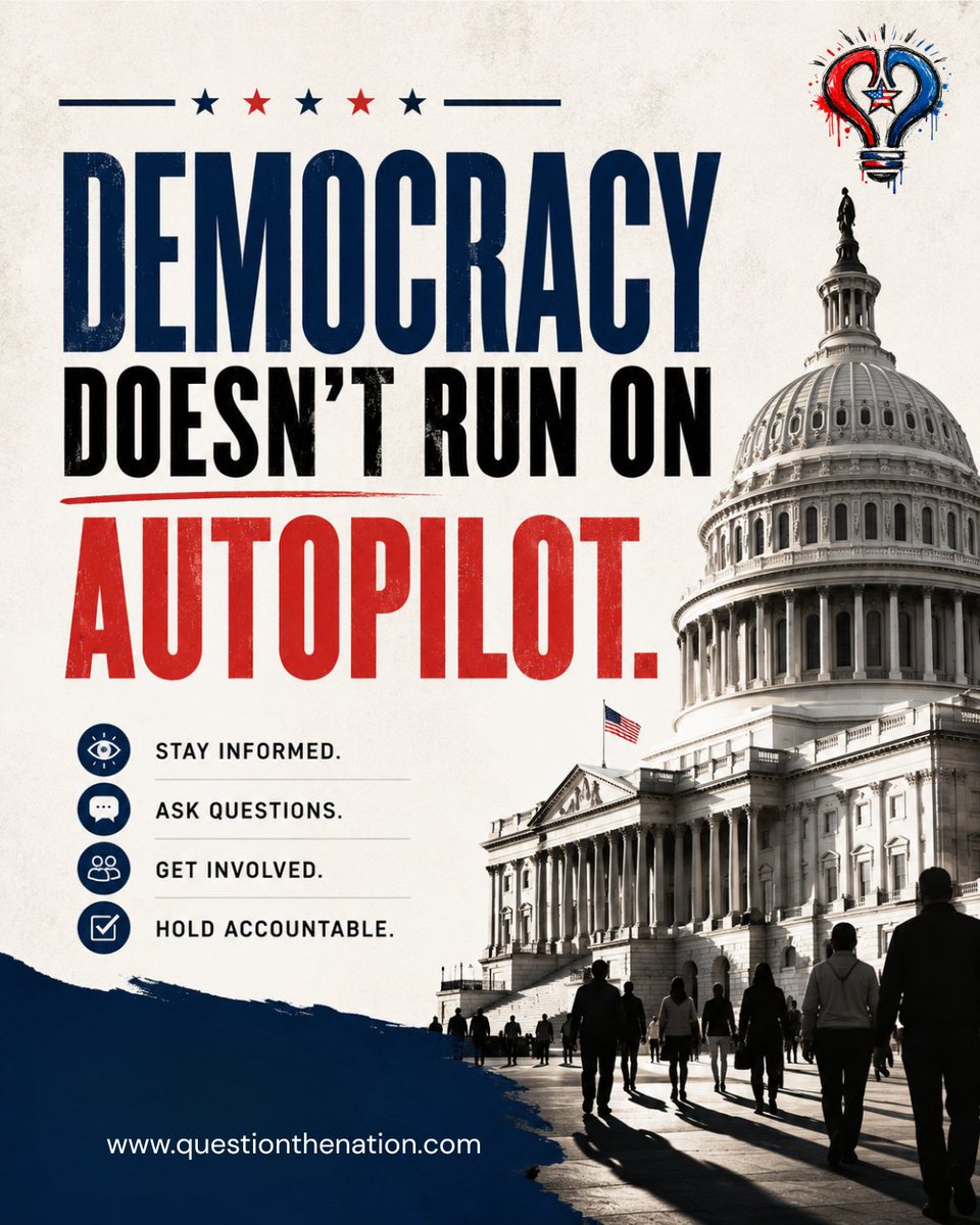 QTNstore's tweet photo. Democracy depends on people who pay attention.

It means knowing what is happening, understanding the issues, asking questions, participating in your community, and holding institutions accountable.

#questionthenation #democracy #civicengagement #americanlife #staycurious https://t.co/SFA9CiJ02I