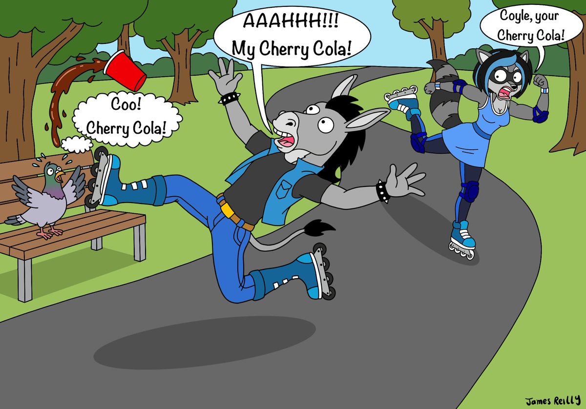 JRStartoonist92's tweet photo. Coyle and Rebecca went rollerblading one day and Coyle was having a tough time keeping his balance as he slips and spills his Cherry Cola, to which he thought blading and drinking at the same time was a good idea. #Donkey #Raccoon #Rollerblades #CartoonArt https://t.co/B2K5BywQKl