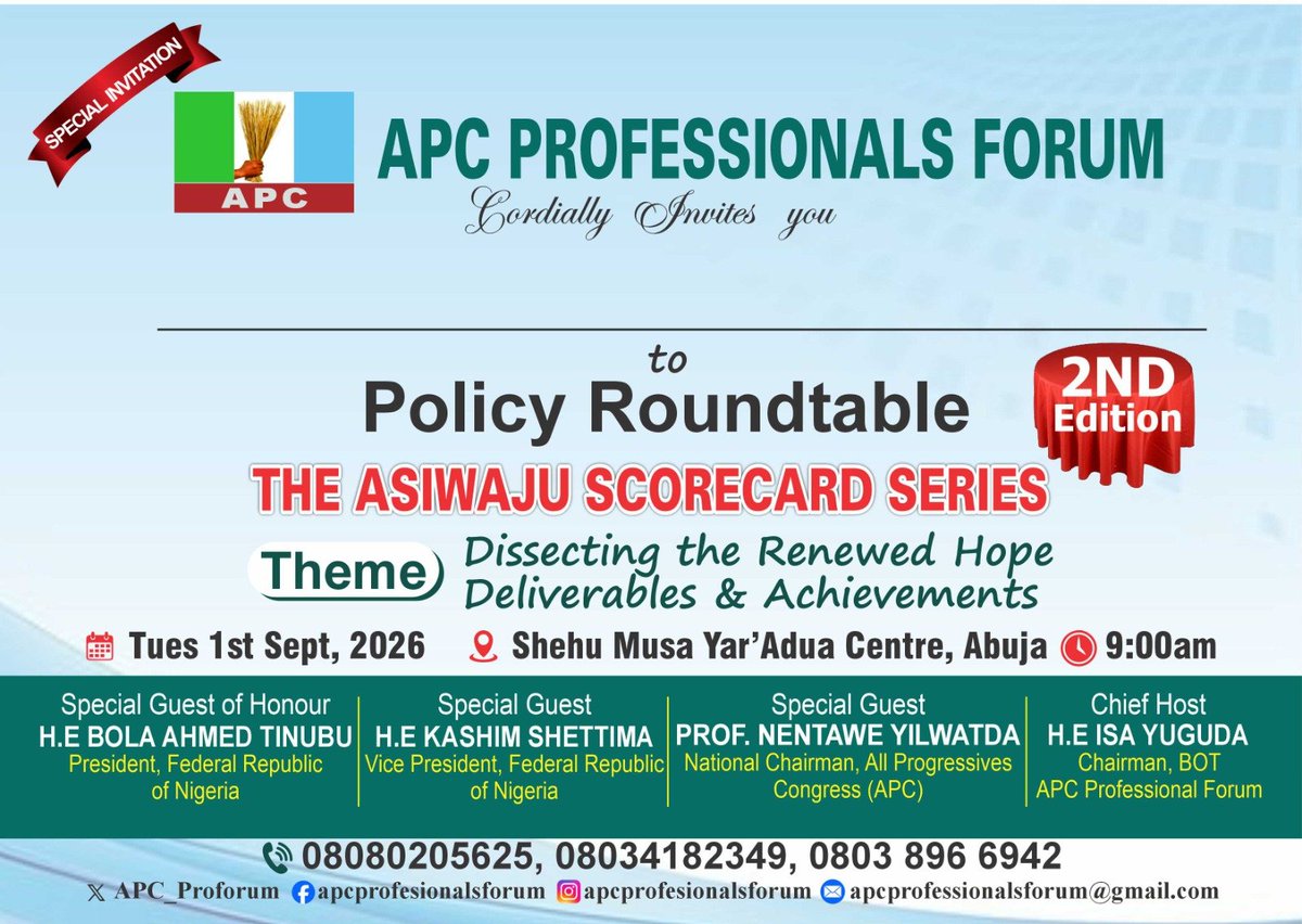 jarmari01's tweet photo. APC Professionals Forum to Host 2nd Edition Policy Roundtable, Asiwaju Scorecard Series

The APC Professionals Forum will host the 2nd Edition of its Policy Roundtable, the Asiwaju Scorecard Series, a platform dedicated to assessing the progress, deliverables, and achievements of President Bola Ahmed Tinubu’s Renewed Hope Agenda.

The roundtable will provide an opportunity for professionals, policymakers, stakeholders, and members of the public to examine key reforms, evaluate their impact, and discuss the administration’s efforts toward economic growth, infrastructure development, institutional reforms, job creation, and improved governance.

The Asiwaju Scorecard Series is expected to promote constructive policy dialogue, accountability, and a clearer understanding of the achievements and challenges of the Renewed Hope Administration.

It will also serve as a platform to highlight measurable progress while identifying areas that require greater attention as Nigeria continues on the path of sustainable development.

Renewed Hope, measurable progress, and a stronger Nigeria.