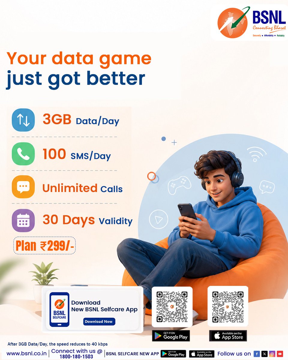 BSNLCorporate's tweet photo. Your Day Just Got a Data Upgrade.

From checking in to checking out, keep your day moving with 3GB data every day.

The web link for downloading the App is as follows:-

Android Playstore:–
https://t.co/DUPjF8UWrP...

iOS App Store Link:-
https://t.co/DhjFJ3MaOh

#BSNLIndia #BSNLSelfCareApp #InternetForEveryone #DigitalLife #IndiaOnline #BSNLServices #SmartIndia #EverydayConnectivity @CMDBSNL @robertravi21