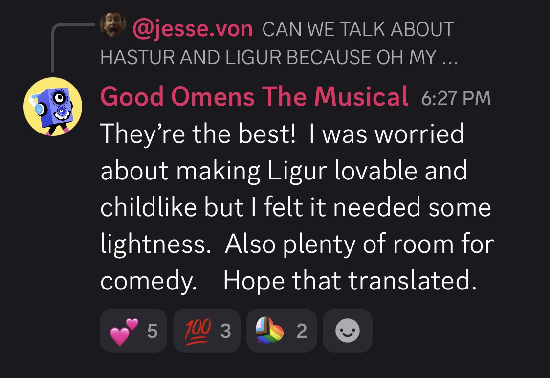 cap_bartholomew's tweet photo. More #GoodOmensMusical tidbits from the #TIC7 chat! 

#goodomens https://t.co/pd3ILueOwF