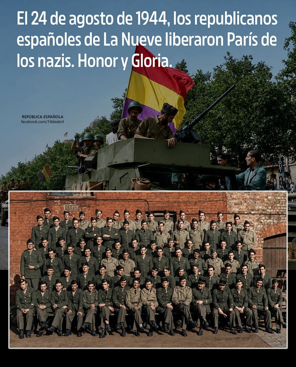JLMelenchon's tweet photo. Gloire et honneur au souvenir des républicains espagnols antifascistes qui entrèrent les premiers dans Paris au sein de la 2e DB du général Leclerc le 24 août 1944. Les nazis arrivent grâce aux lâches et repartent sous les coups des républicains dans la honte malgré toute la collaboration !