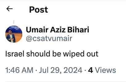 StopAntisemites's tweet photo. Houston - we have a problem.

Tesla employee Umair Aziz has posted that "Jews don’t belong in American society", called for Israel to be "wiped out", denied Hamas atrocities, and spewed vile anti-Hindu hatred.

Is this who @Tesla wants representing its brand? https://t.co/t3QkqJfJKP