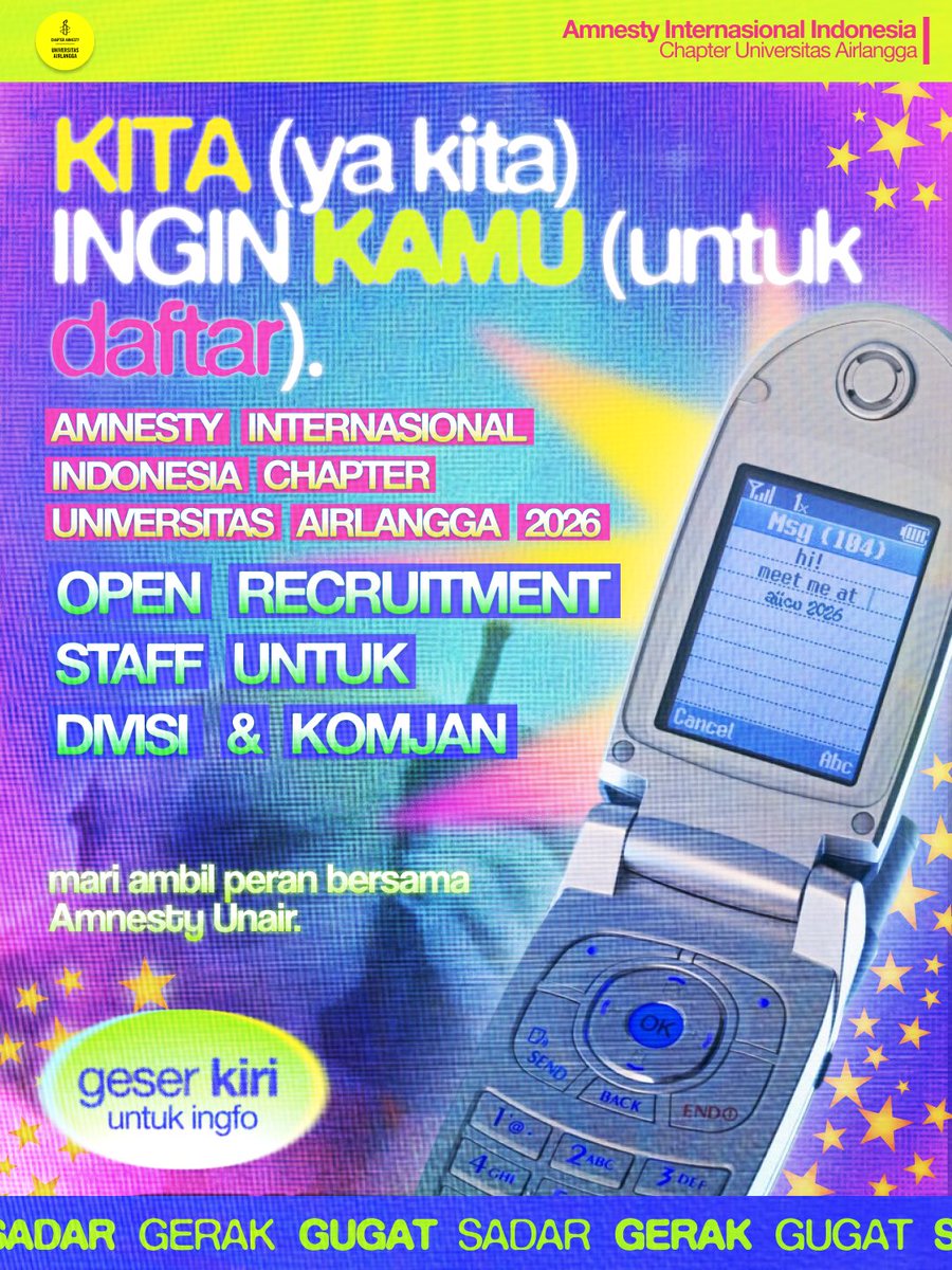 amnesty_unair's tweet photo. 📢 Open Recruitment: Staf Divisi dan Komite Kajian Amnesty Chapter Unair 2026/2027 📢

Kami membuka ruang bagi kamu untuk belajar, berdiskusi, berkembang, dan mengambil peran dalam menyuarakan isu kemanusiaan. Simak dan SAMBUTLAH detailnya sebagai berikut~ 

(cont.) https://t.co/uEzGubClfa