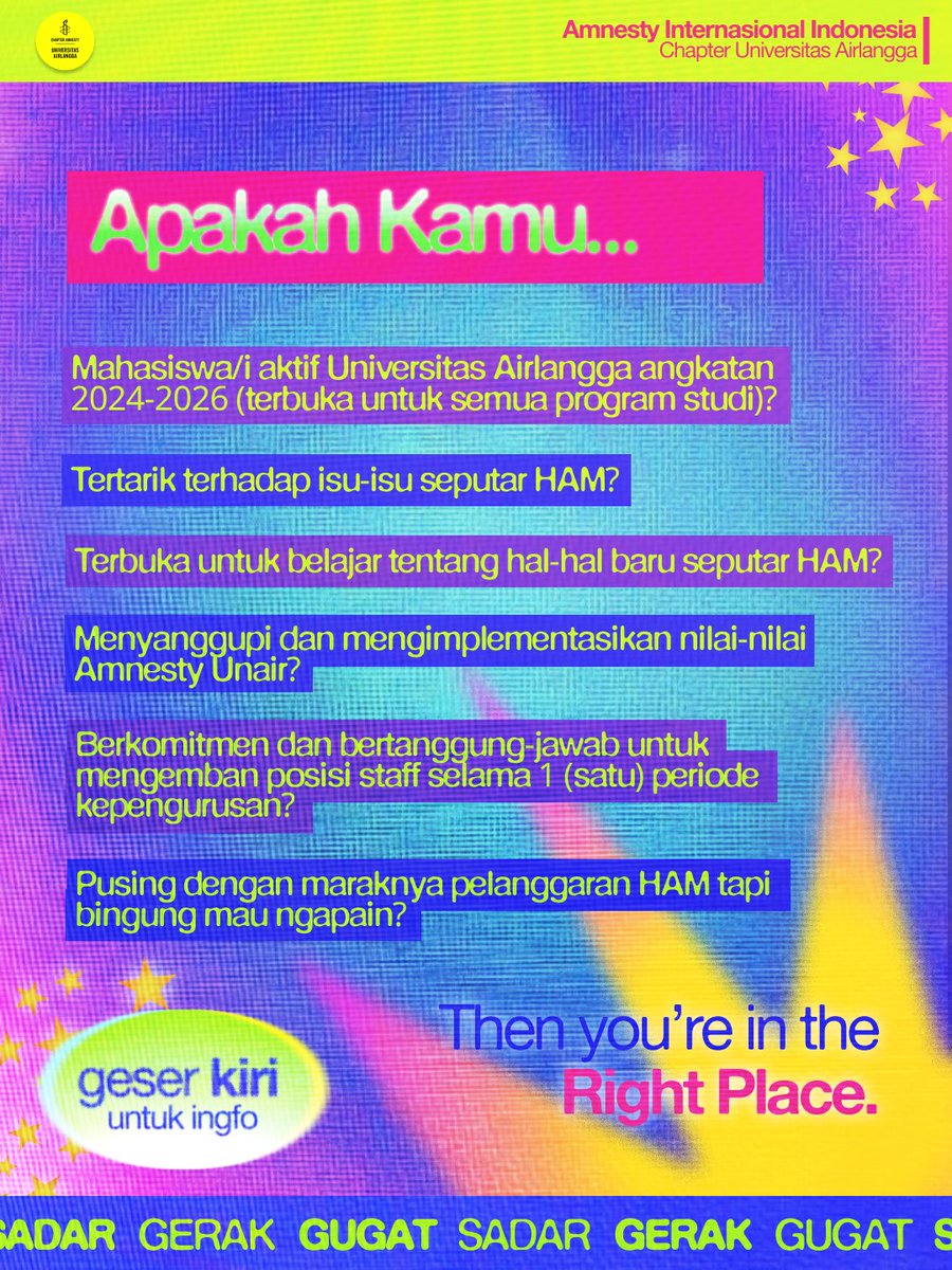 amnesty_unair's tweet photo. 📢 Open Recruitment: Staf Divisi dan Komite Kajian Amnesty Chapter Unair 2026/2027 📢

Kami membuka ruang bagi kamu untuk belajar, berdiskusi, berkembang, dan mengambil peran dalam menyuarakan isu kemanusiaan. Simak dan SAMBUTLAH detailnya sebagai berikut~ 

(cont.) https://t.co/uEzGubClfa