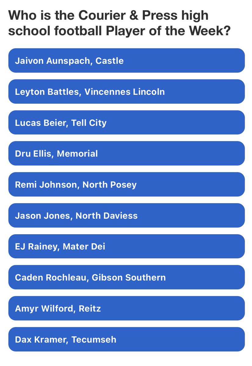 kylesokeland's tweet photo. Vote for the Courier &amp; Press high school football Player of the Week from Week 1. The nominees:
https://t.co/GioUbTNX0H https://t.co/BNHI0N7e3t
