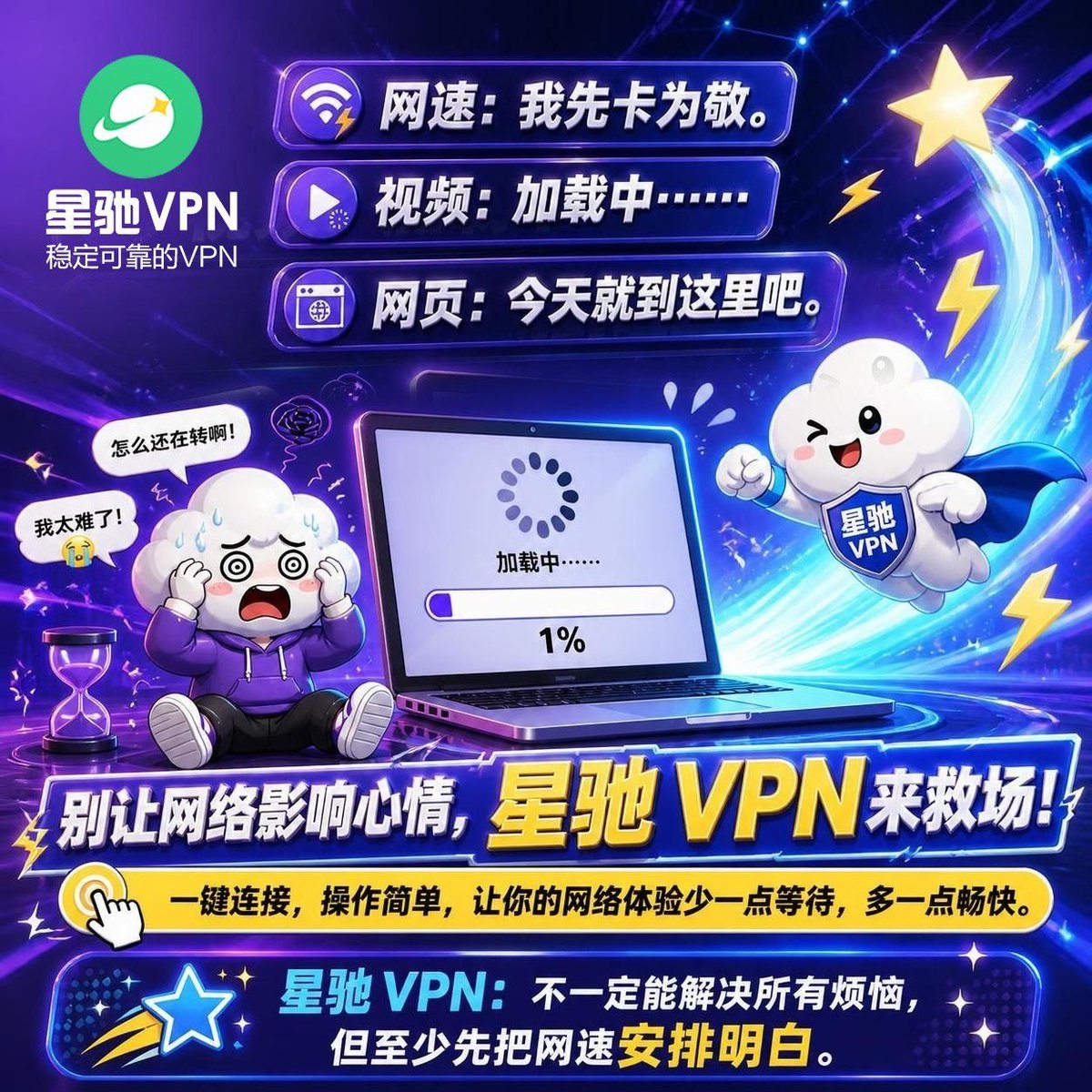 xcvpn_official's tweet photo. 网速：我先卡为敬。
视频：加载中……
网页：今天就到这里吧。

别让网络影响心情，星驰 VPN 来救场！
一键连接，操作简单，让你的网络体验少一点等待，多一点畅快。

星驰 VPN：不一定能解决所有烦恼，但至少先把网速安排明白。 https://t.co/nMQcfeBkA7