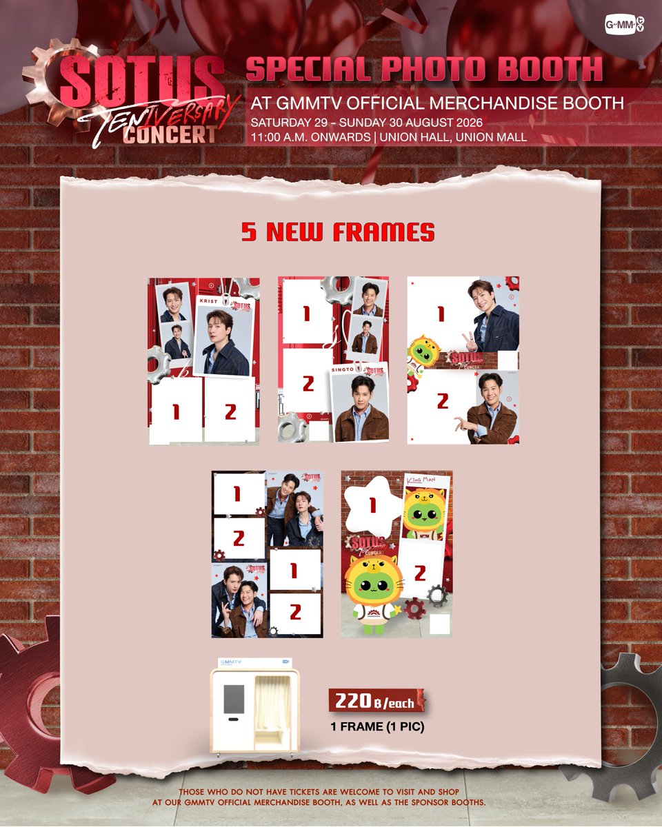GmmtvShop's tweet photo. มาถ่ายรูปกับ เฟรม Photo Booth สุดน่ารักในงาน SOTUS TENIVERSARY CONCERT กันนะทุกคน

Come and take a photo with the cutest Photo Booth frames at SOTUS TENIVERSARY CONCERT.

GMMTV OFFICIAL MERCHANDISE BOOTH
29 - 30 August 2026
11:00 AM onwards
Union Hall, Union Mall

#SOTUS10thYearConcert
#GMMTV