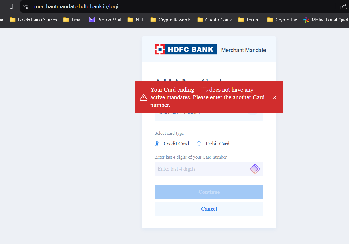 RBhambwani's tweet photo. @HDFCBank_Cares - The E-Mandate login just does not work with the linked mobile number of the credit card. Such a pathetic system, there is no way to login to change the mandate! Do you guys even test what is developed? https://t.co/MCy6Pjcbd1