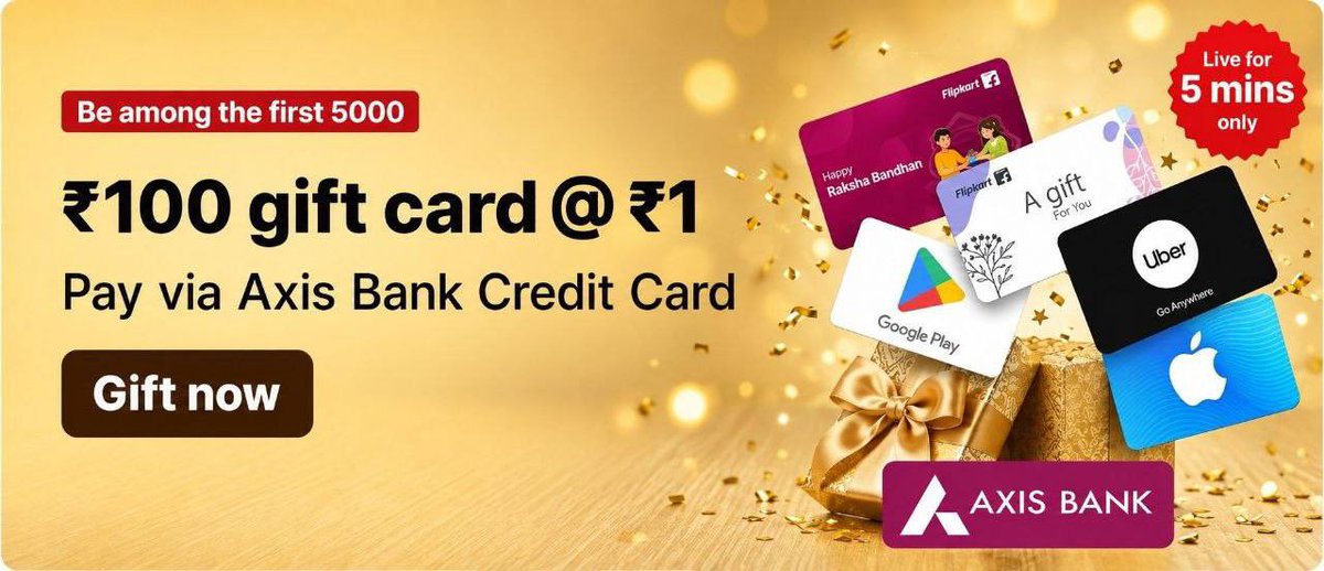 dealztrendz's tweet photo. Upcoming : ₹100 Gift Card for ₹1.

https://t.co/KjiBLwr3To

⏰Time : Today 7:00 PM

• Valid For Axis Bank Credit User
• Valid For First 5000 Users
• Live For 5 Minutes Only https://t.co/KaTIHLSnEt
