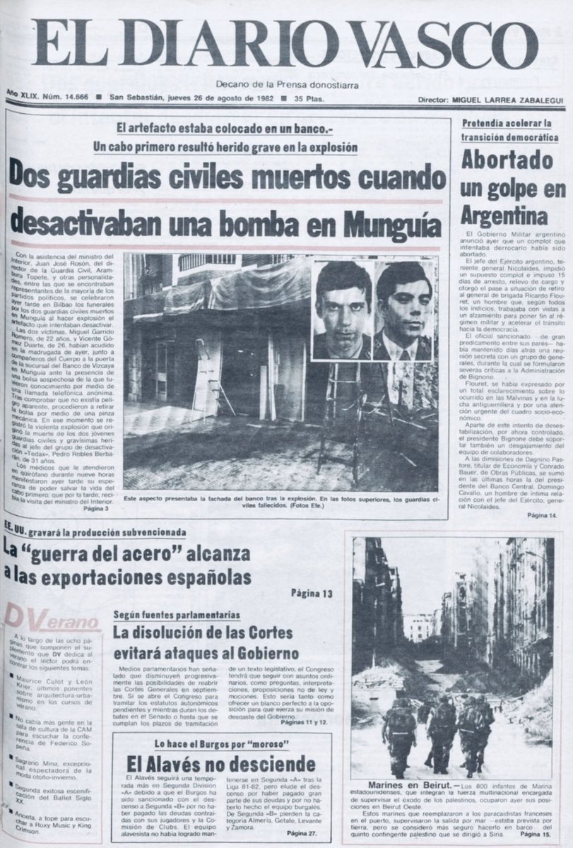 MemorialVT's tweet photo. 25/08/1982. Munguía. Se cumplen 44 años del asesinato por ETA-m del desactivador de explosivos @guardiacivil VICENTE GÓMEZ DUARTE. Intentaba retirar una bomba en una sucursal bancaria. Cuando el robot atrapó el artefacto se produjo la explosión y quedó destrozado. https://t.co/WXrkTut3Md