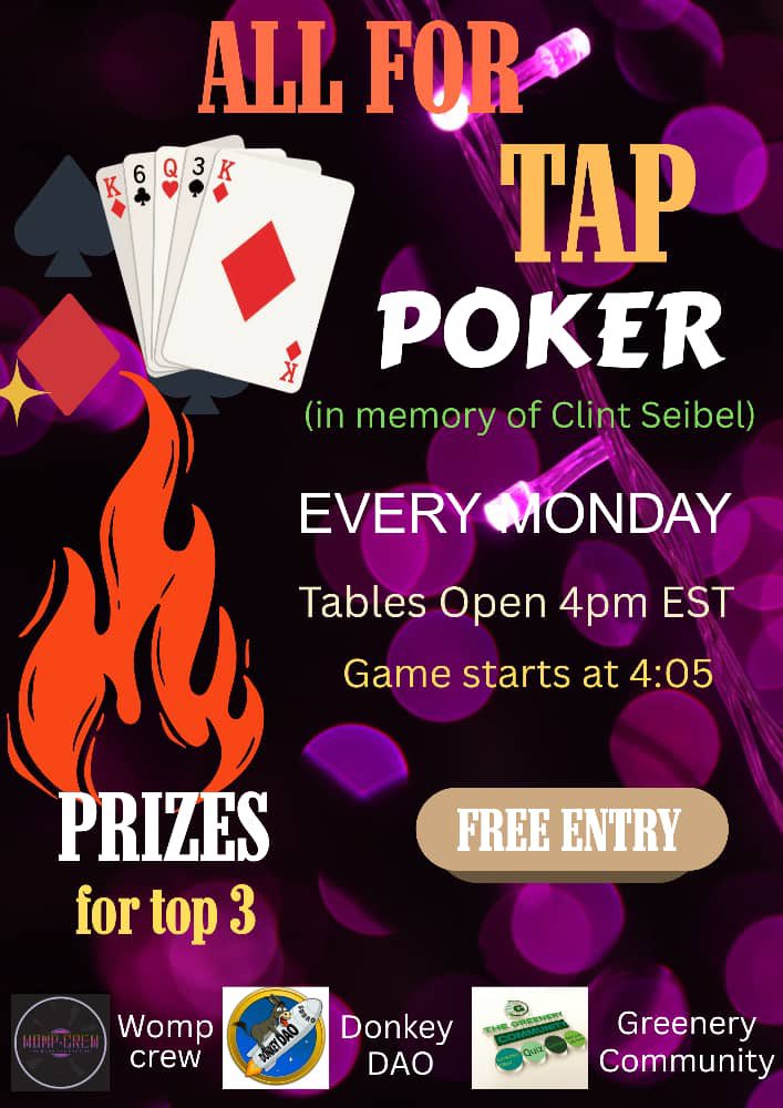 _big_cyndy_'s tweet photo. It’s pretty special to see a simple game turn into something we all look forward to every Monday. That’s the kind of legacy that feels good to carry forward. 🫏❤️

Another #Tapforme poker is happening tonight. 

Tables open: 4 PM EST
♠️ Game starts: 5 minutes later

🏆 125 $ALGO — 1st
🥈 75 $ALGO — 2nd
🥉 50 $ALGO — 3rd

💰 100 $KHAA bounty for whoever takes down @VultureAlgo 👀

Join any of the three Discords below, get verified, and you’ll find the PokerNow link there to join the game.

https://t.co/bkt4sA8zIe

https://t.co/ctjqFfg360

https://t.co/RfzNASvGXp

Big love to @Its_Ha_Dost , @GreeneryTeam , and @wompcrew for continuing to bring us all together. ❤️

For Tap, always.
